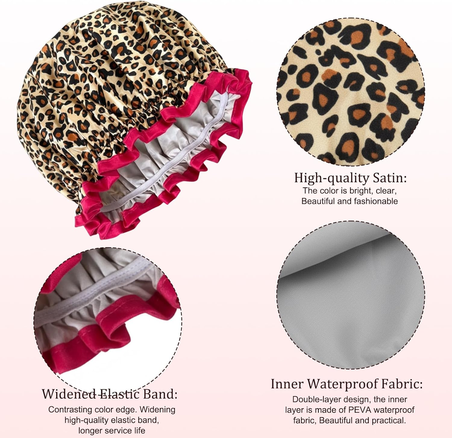 Shower Cap, 4 Pack Double Layer Shower Caps for Women, Leopard Print/Zebra/Pink Polka Dots/Black Polka Dots, Waterproof Bathing Hat for Showering, Spa, Travel and Home Use image number 2