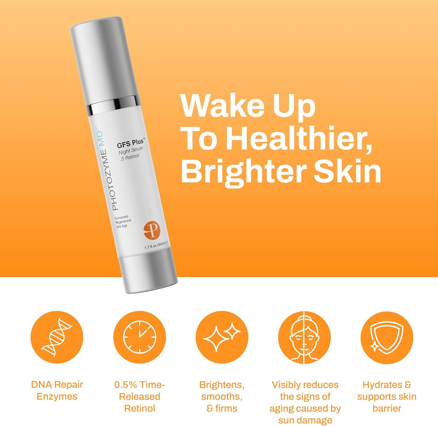 Photozyme DNA Repair Enzymes GFS plus Facial Night Serum | 0.5% Retinol for Aging Skin, Beauty Skincare Treatment for Fine Lines, Wrinkles, Acne Scars | UV Dark Spot Corrector, Non Irritating | 1.7 image number 1