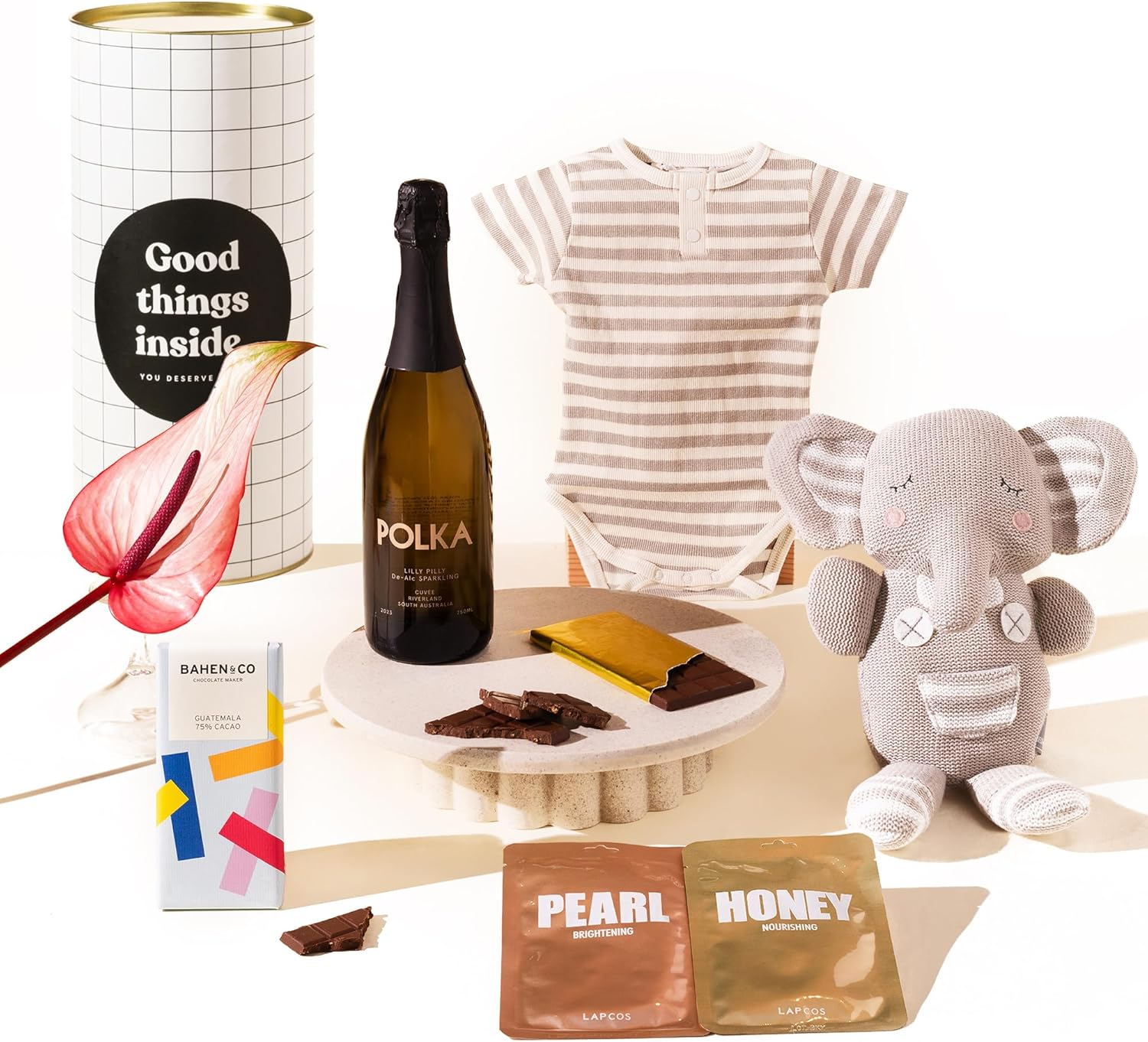 Welcoming Willow Gift Hamper | Curated Baby Gift Box by Good Day People | Choice of Red, White, Ros&eacute;, Champagne or Non-Alcoholic Sparkling | Includes Knitted Elephant, Baby Bodysuit, Bahen & Co. Chocolate & Face Masks &ndash; Premium Hamper for New Parents & Celebrations (Mo&euml;t & Chandon)