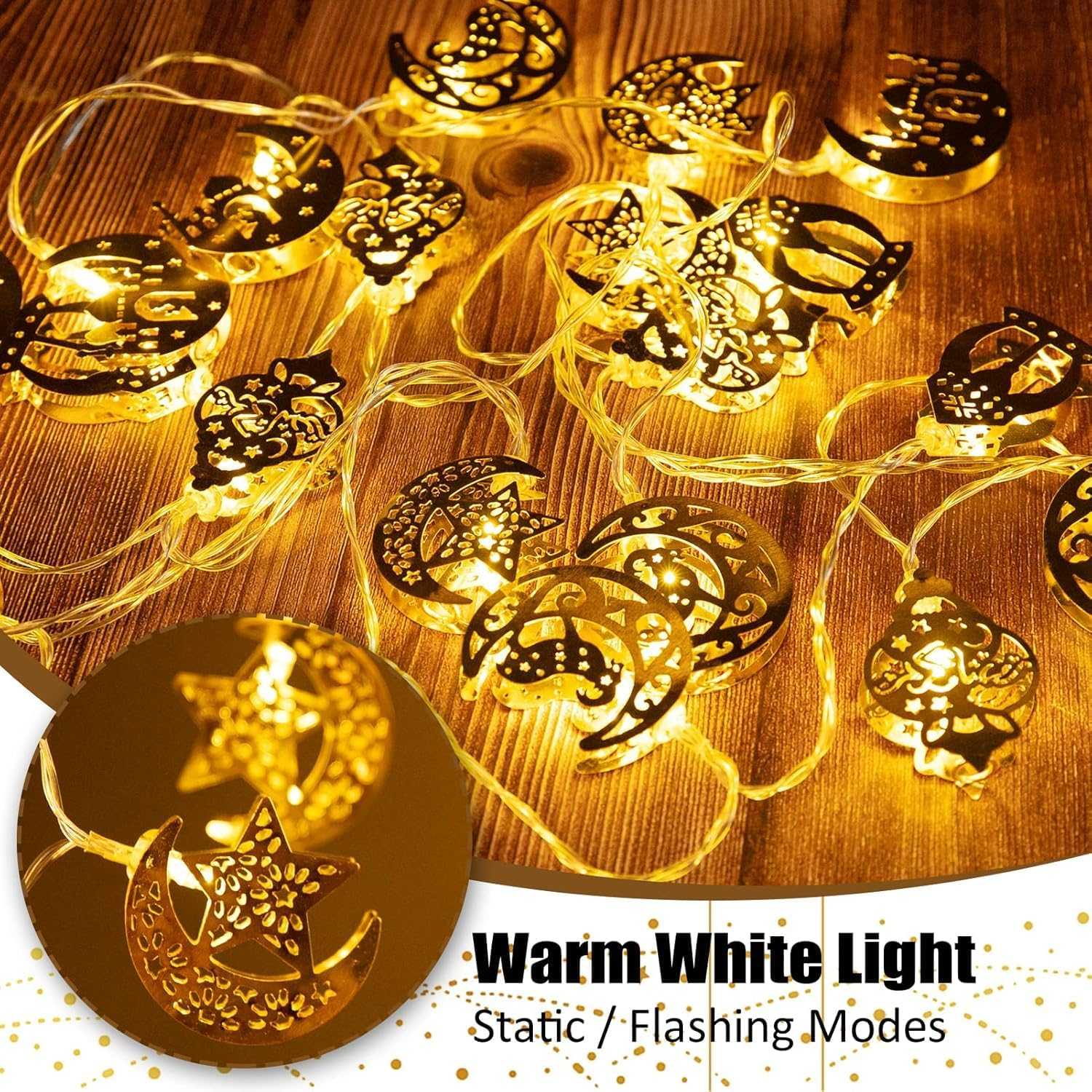 Ramadan Light Decorations, Battery Operated 20 LED EID Mubarak Lights, Bronze Metal Moon Star Lantern String Lights for Home, Mantle, Window, Tree, Bedroom, Classroom Decor image number 4