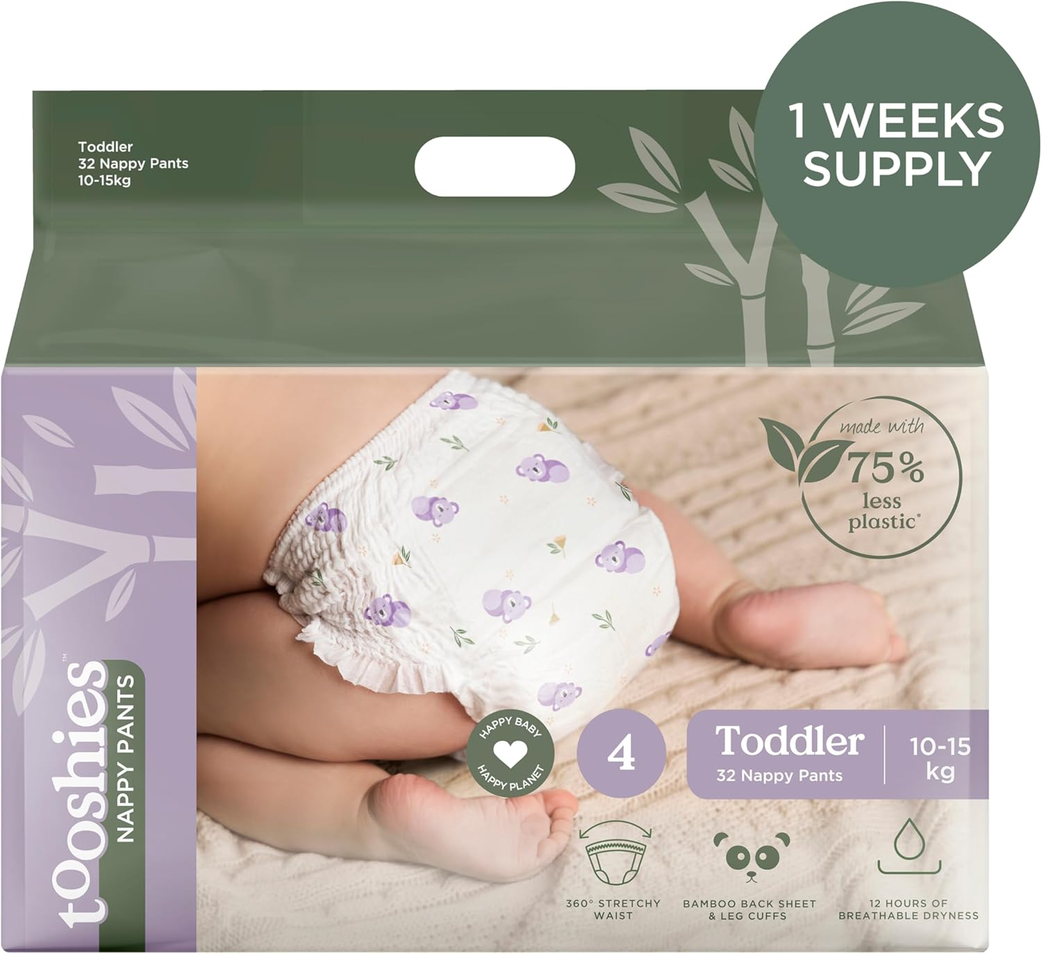 Tooshies Nappy Pants | Size 4 Toddler 10-15Kg | 75% Less Plastic | 12 Hours Leak Free | Pull up and Tear off | Unisex | Koala Print | 32Pk | 1 WEEK SUPPLY image number 6