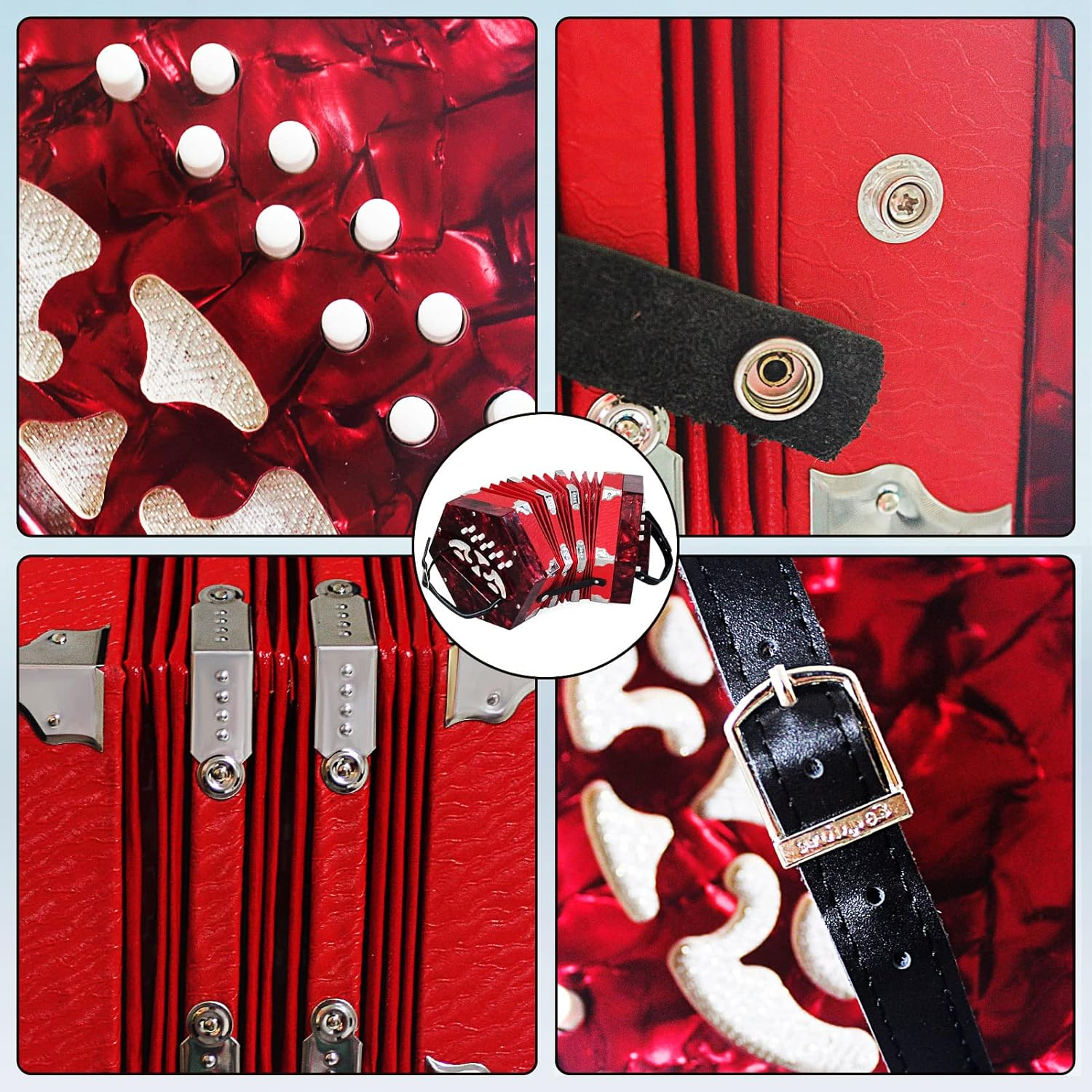 20 Buttons Accordion for Adults Professional Accordion for Beginners, Adjustable Hand Strap, Musical Instrument Accessories with Carrying Bag, Harmonica,Wipe Cloth（Red） image number 4
