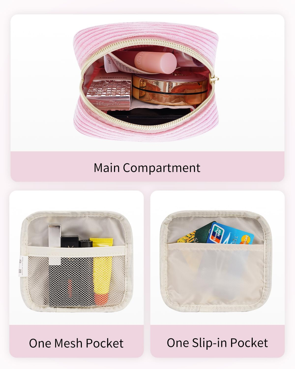 Wandering Nature Small Makeup Bag for Purse Zipper Cosmetic Bag for Women Pouch Travel Eco Vegan Leather Make up Organizer for Toiletry Bag Water Resistant Gift Idea, Black, Corduroy Pink, Mini, - Beige image number 7