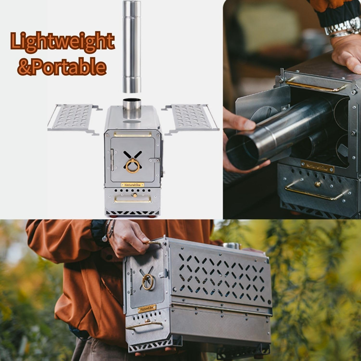 Naturehike 201 Stainless Steel Portable Outdoor Wood Burning Stove, 17.85Lbs Heater Burner with Fireproof Glass Window, Outdoor Camping Stove Oven for Back Packing, Fishing, Hiking, Picnic BBQ, Gray image number 2