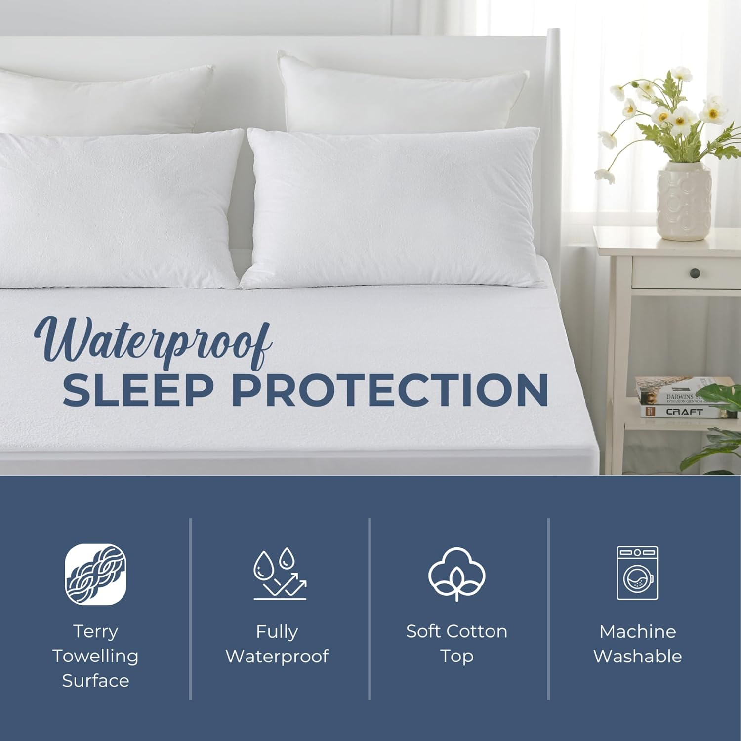 Dreamaker Waterproof Cotton Terry Mattress Protector, Moisture Absorbent Towel Top, Breathable Rustle Free TPU Protection, Fully Fitted Extra Deep Stretch Skirt, Easy Care Machine Washable King Single image number 3