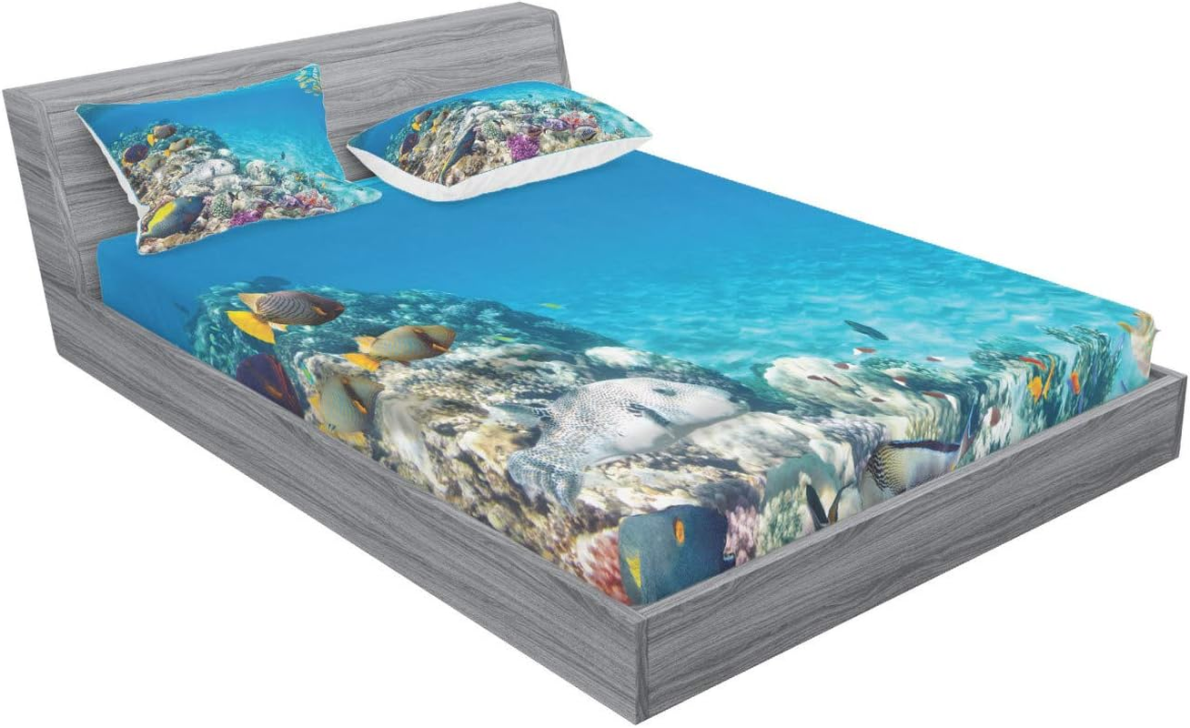 Lunarable Ocean Fitted Sheet & Pillow Sham Set, Clear Underwater Sea Life Animal World Corals Tropical Fishes and Stingray, Decorative Printed 3 Piece Bedding Decor Set, Full, Purple Aqua image number 2
