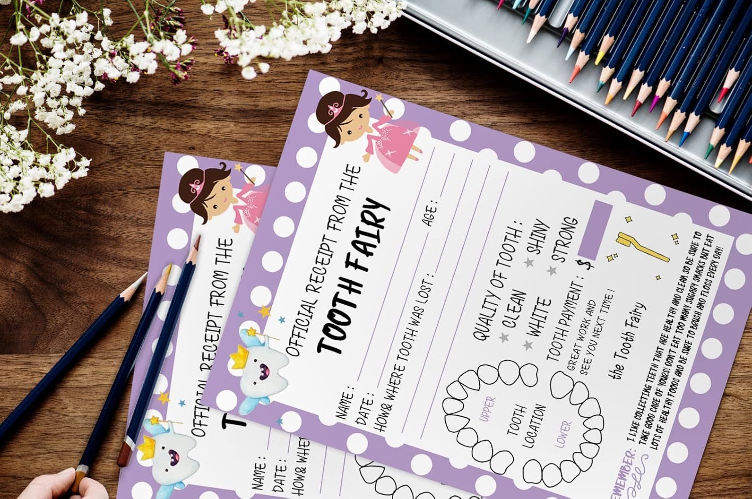 Tooth Fairy Paper Certificate for Kids, Tooth Fairy Report Cards, Official Receipt from the Tooth Fairy, Cute Adorable Keepsake for Kids, Tooth Fairy Receipt for Lost Tooth, Purple, 5 * 7 In