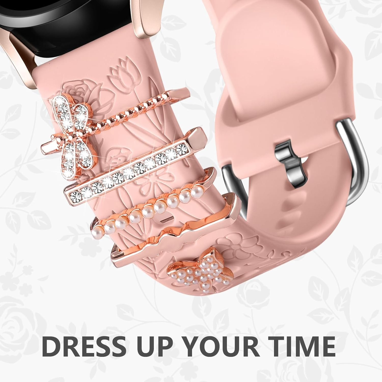 Getino Flower Engraved Band Compatible with Samsung Galaxy Watch 7 Band/Fe 6 5 4 40Mm 44Mm,Galaxy Active 2, 20Mm Watch Band Soft Silicone Replacement Strap with Decorative Charms Accessories Women - Milktea Love image number 5