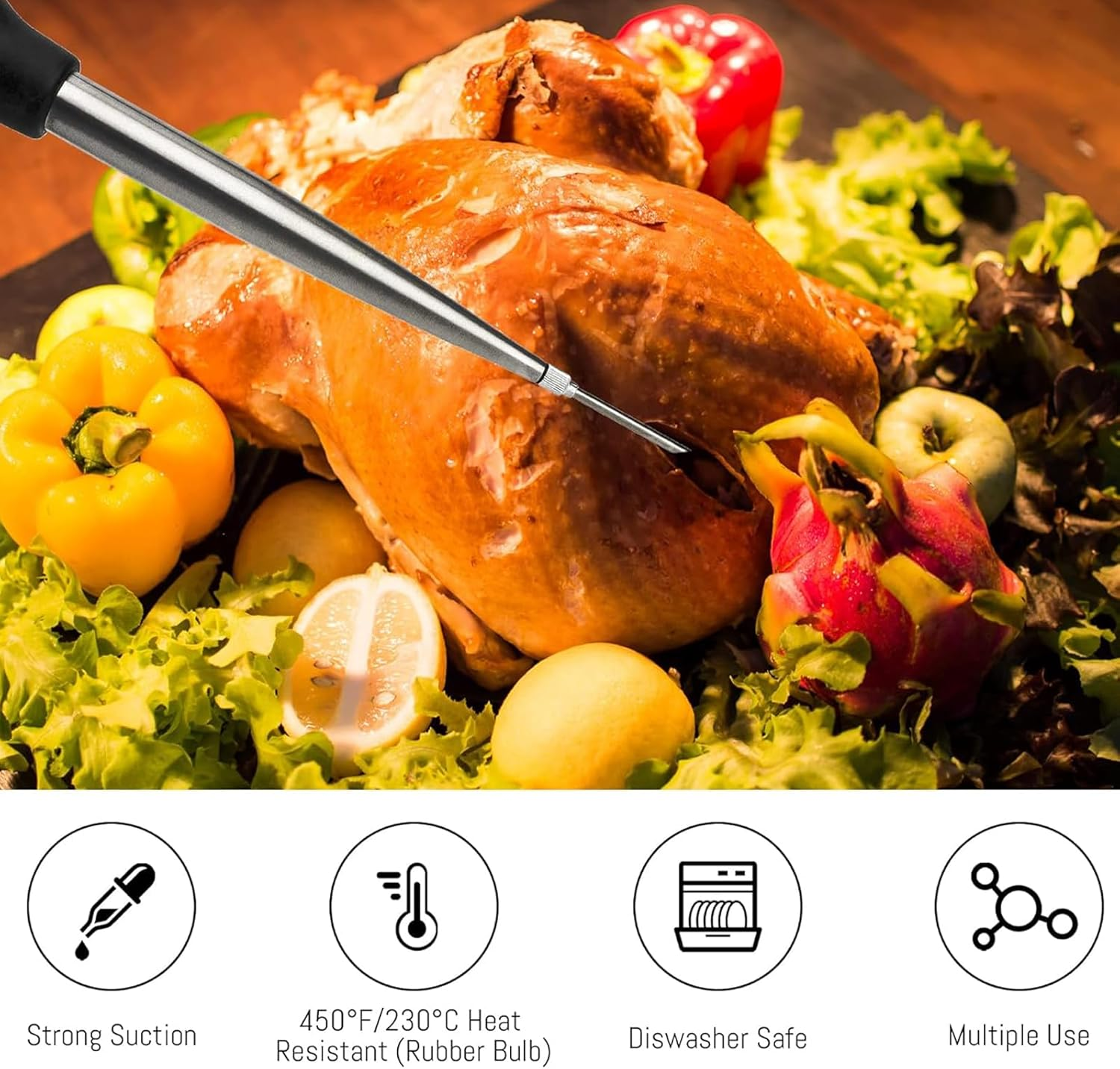 Rhoyee Stainless Steel Turkey Baster Set &ndash; Large Baster Syringe with Heat-Resistant Silicone Bulb, 2 Marinade Injector Needles & Cleaning Brush &ndash; Food-Grade BBQ & Roasting Tool image number 2