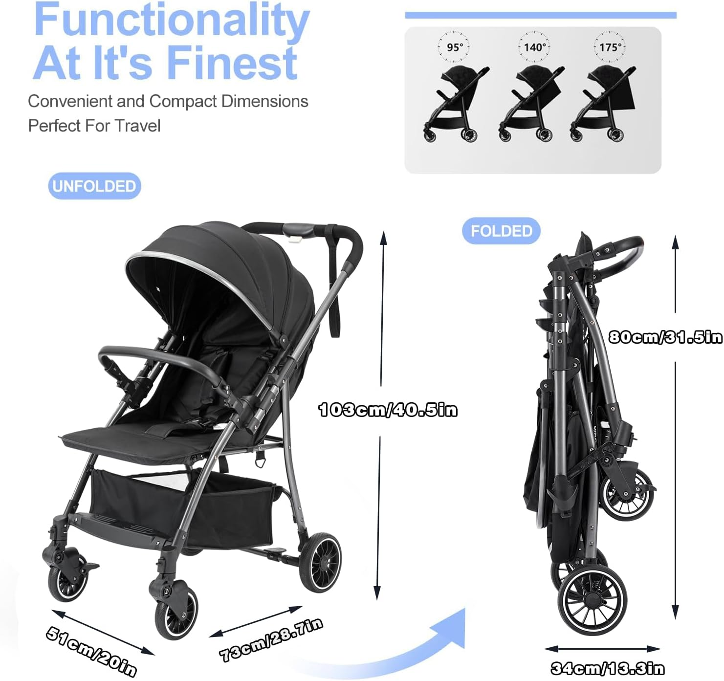 Lightweight Baby Stroller, Compact Travel Stroller for Airplane with One-Click Fold, Toddler Stroller with Adjustable Backrest & Canopy, Large Storage, Large Seat Area, Steel Frame for Travel and More image number 4