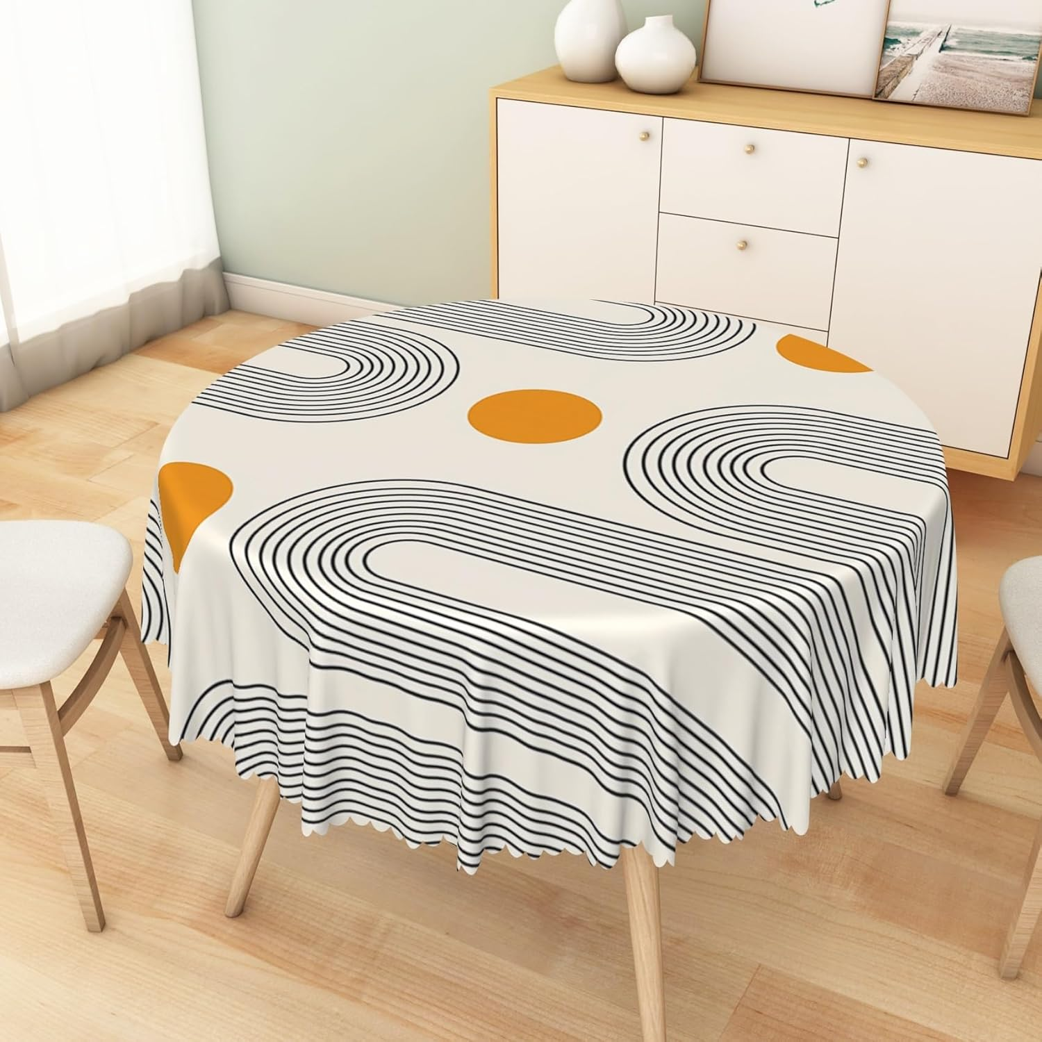 Boho Mid Century round Tablecloth 48 Inch Minimalist Abstract Arch Simple Sun Modern Art Table Cloth Washable and Reusable Fabric Table Cover for Kitchen Dining Room Indoor Outdoor Party Decor image number 4