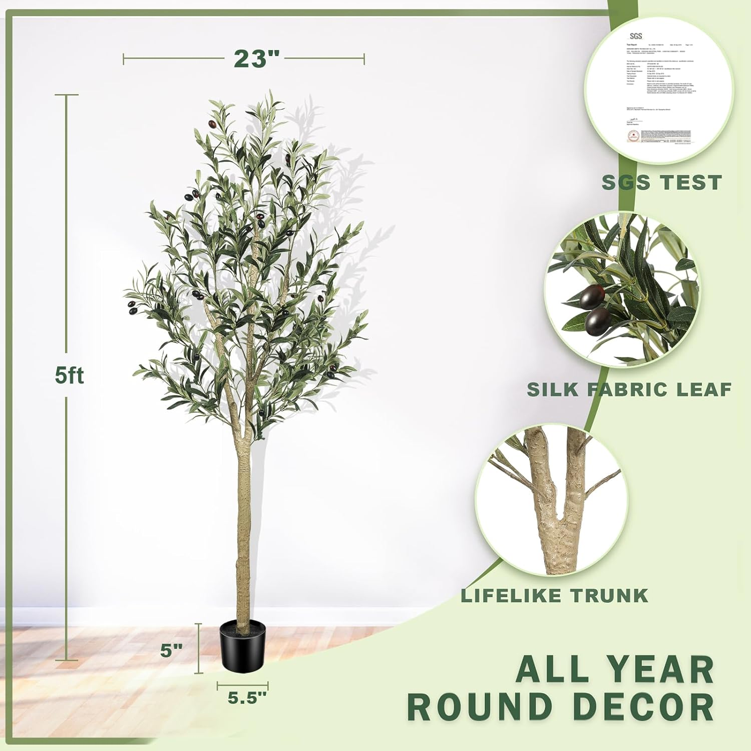 LYERSE 5Ft(60") Olive Tree Artificial Indoor, Fake Potted Olive Tree with Planter Large Faux Olive Branches and Fruits Artificial Tree for Home Office Decor