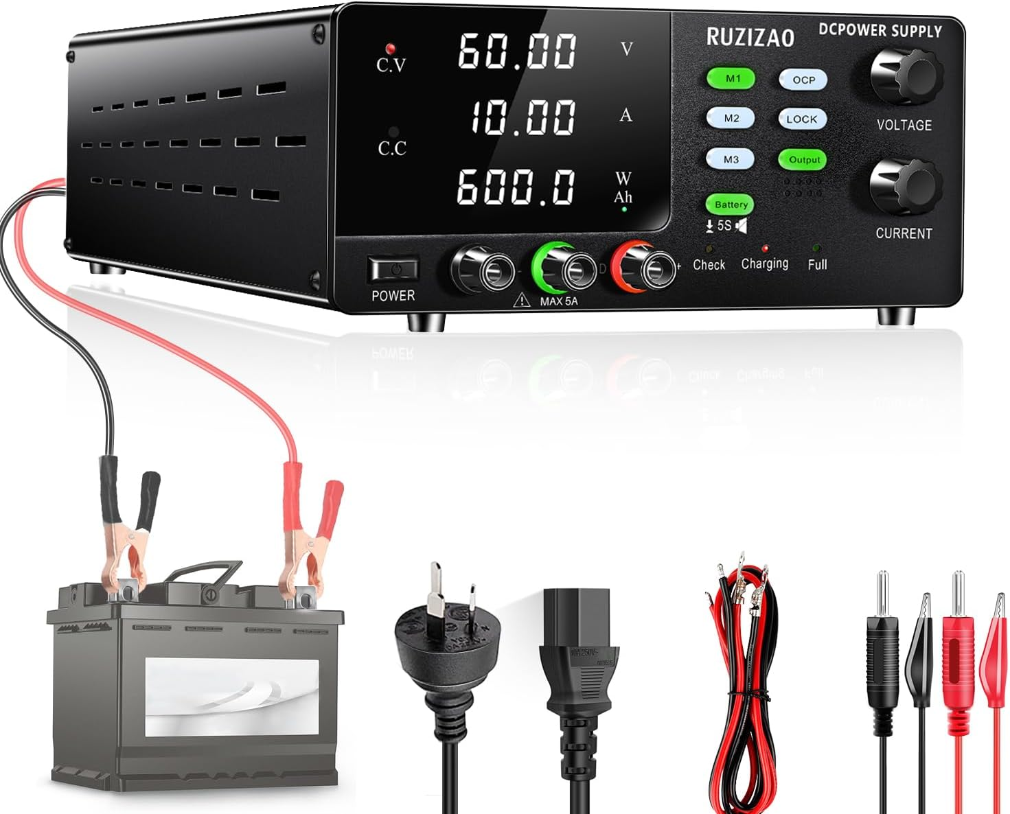 RUZIZAO DC Power Supply 60V 10A Variable,High Power 600W Encoder Regulated Bench Power Supply 6V 12V 24V 36V 48V Lifepo4 Lithium Ion Battery Charger Lab Power Supply Memory/Ocp/Lock Button(Ac 220V) image number 3