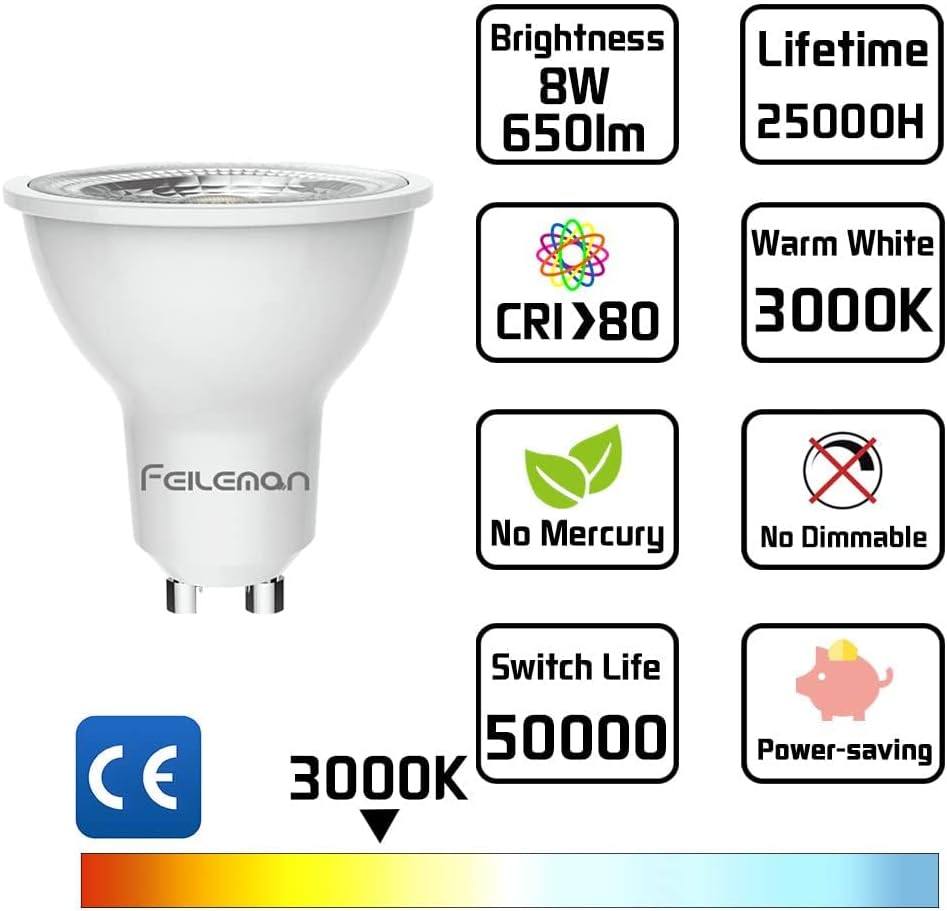 GU10 LED Bulb Spotlight Warm White 8W 3000K, GU10 Spotlight 38&deg; Beam Angle Not Dimmable 650 LM 220-240V Gu10 LED Reflector Lamps Replaces 70W Halogen Bulbs Pack of 10