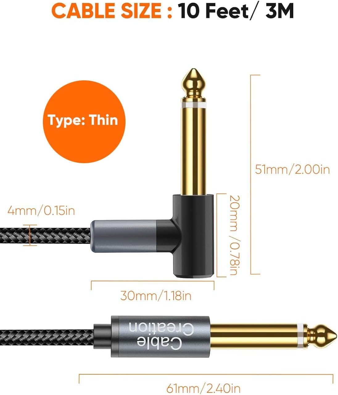 Cablecreation Instrument Guitar Cable (10Ft/3M),6.35Mm Mono Jack 1/4" TS Male to Male Right Angle Audio Cable Nylon Braid for Electricguitar, Bass,Keyboard,Mixer,Amplifier,Amp,Speaker,Equalizer,Grey image number 3