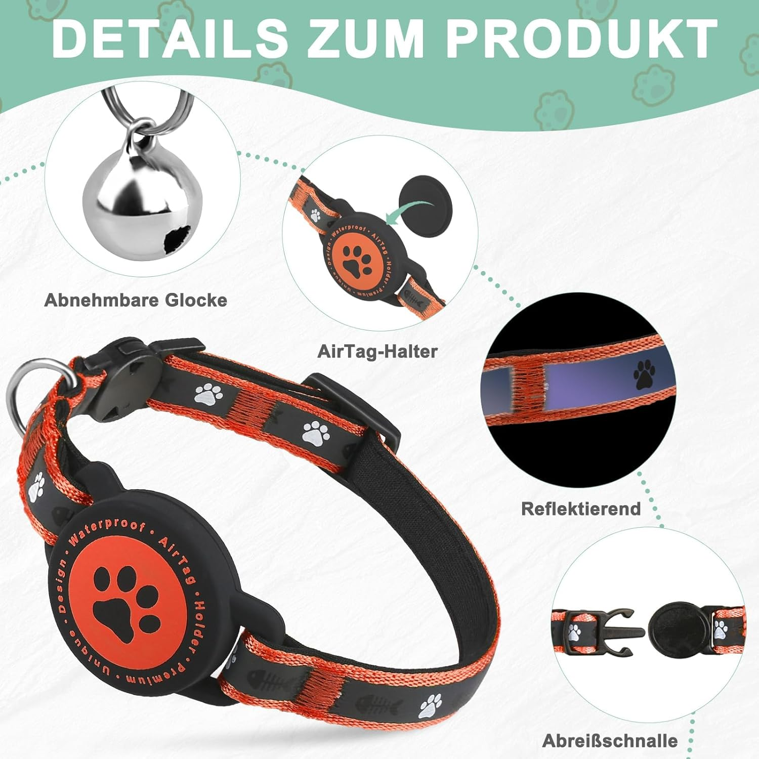 Airtag Breakaway Cat Collar, Reflective Kitten Collar with Airtag Holder and Bell, Comfortable Padding, Adjustable, Durable, Suitable for Cats (Orange, S) image number 2