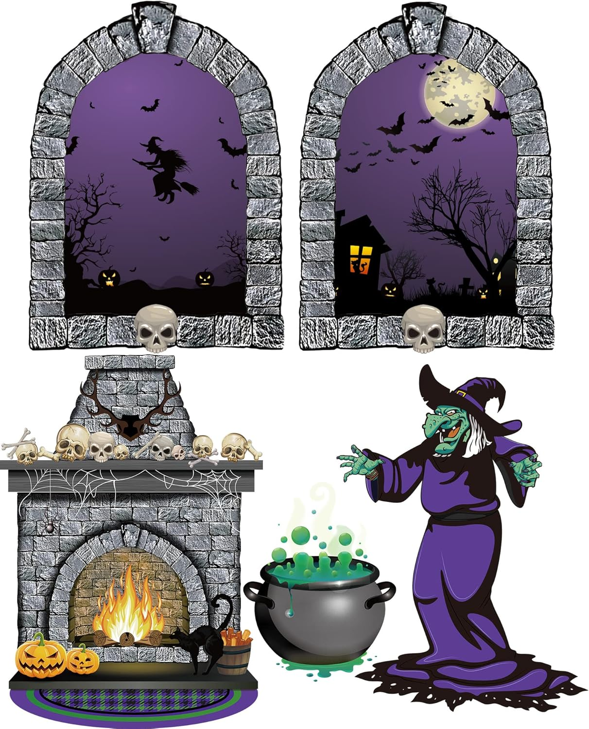 5 Pcs Halloween Scene Setter Night Window Skull Fireplace Witch Bubbling Cauldron Background Backdrop Decor Cloth Booth Medicine Stove for Home Decor image number 1