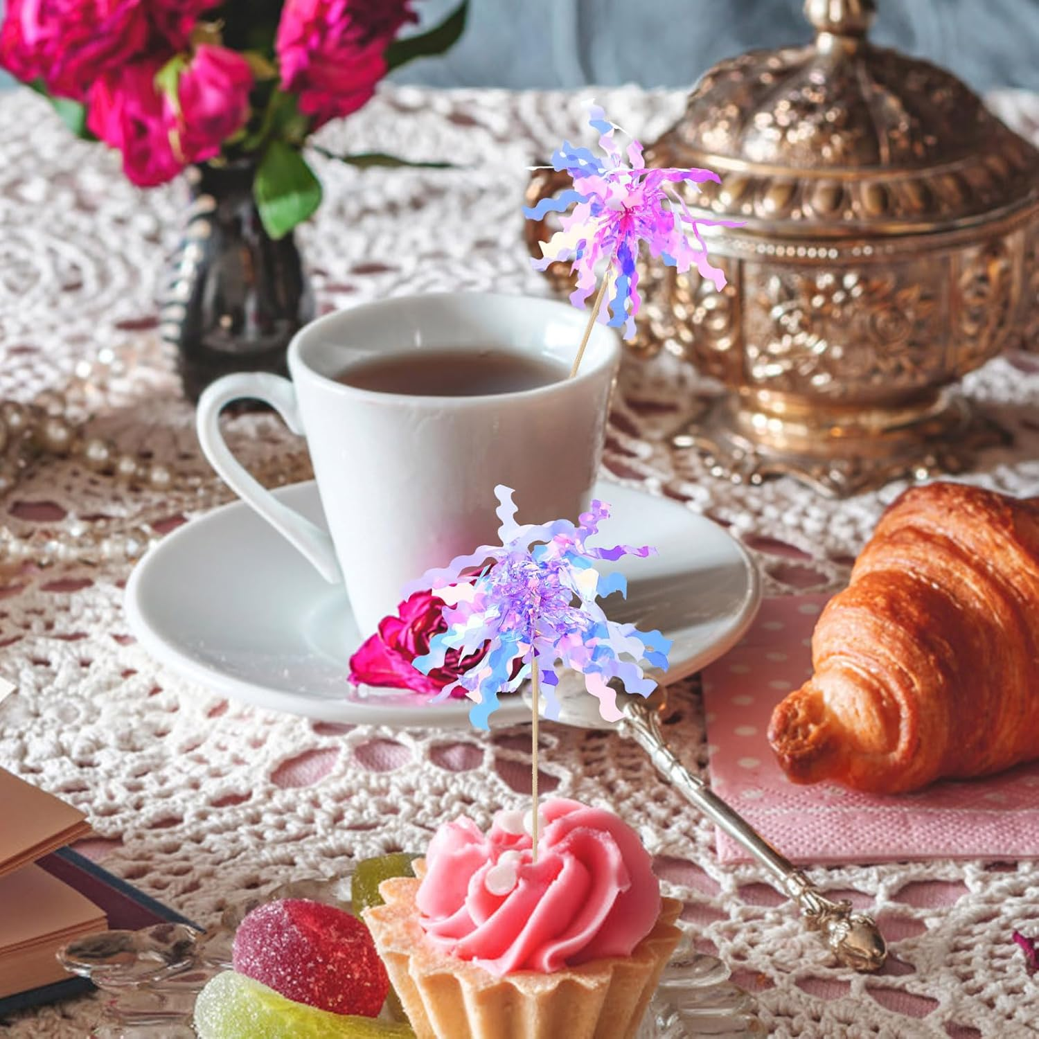 40 Pieces Colorful Firework Cupcake Toppers, Sparkle Tinsel Birthday Cake Decorations, Foil Frill Toothpicks for Christmas Wedding Party Graduation Ceremony Decor (Style 2) image number 2