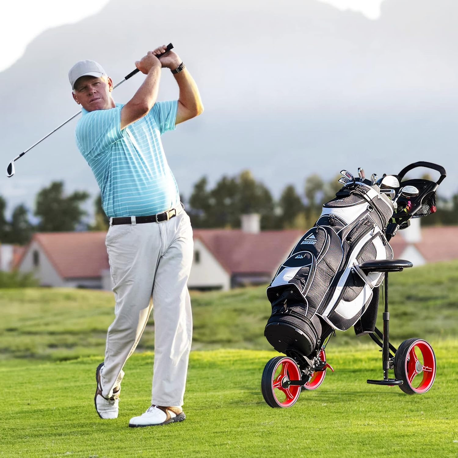 Costway 3-Wheel Folding Golf Push Cart, Multifunctional Push Pull Golf Trolley with Adjustable Handle, Padded Seat, Scoreboard, Cup Holder & Umbrella Holder image number 1