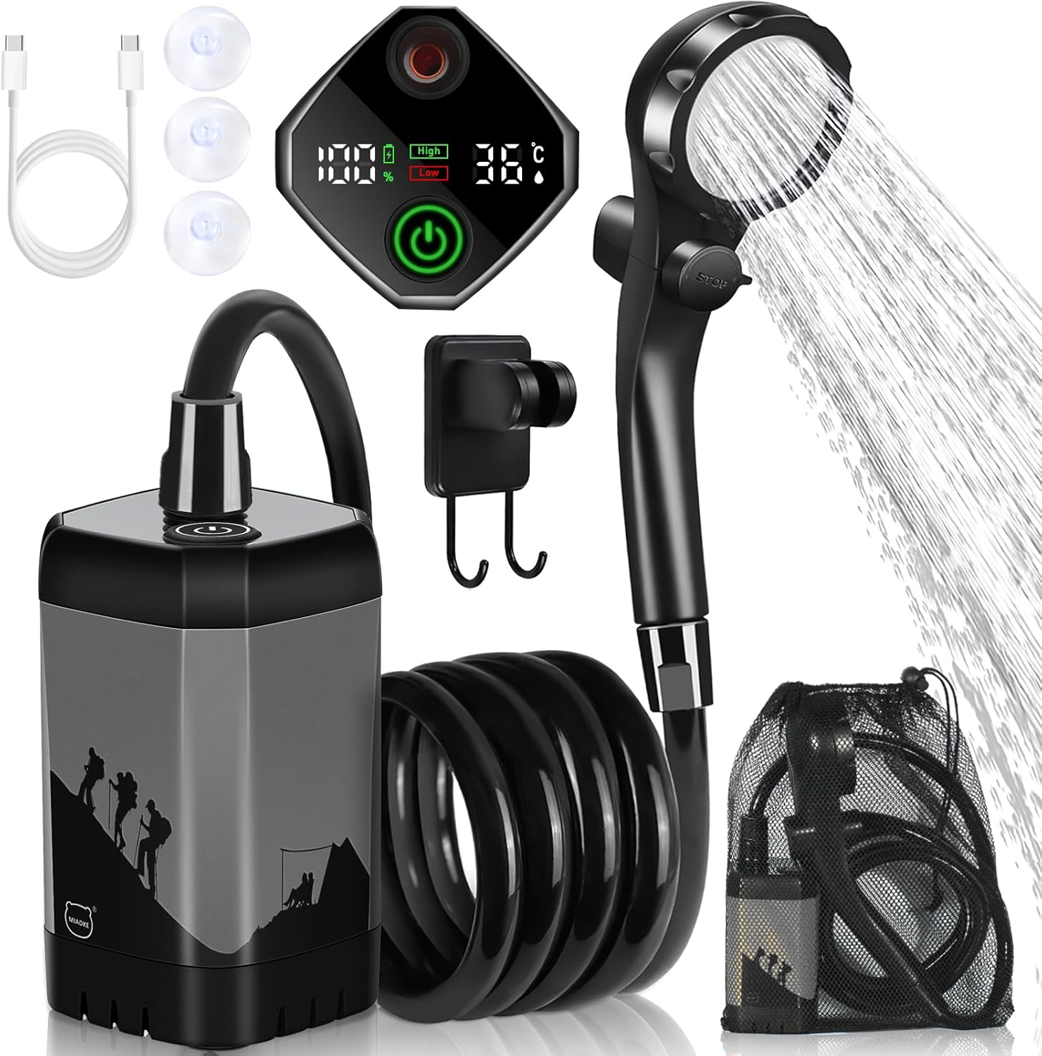 MIAOKE Upgrade Portable Camping Shower, 7800Mah Electric Outdoor Shower, Rechargeable Pump with Intelligent Digital Display, Temperature Display, Shower Head for Camping, Hiking