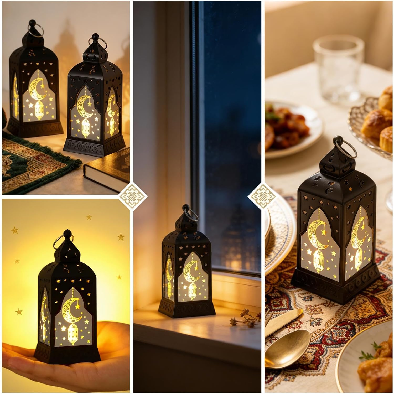 ABTOLS Ramadan Decor Lantern Lights Mini Black Eid Mubarak Candle Lantern for Indoor Outdoor Table Decorations Castle Moon Ramadan Islamic Muslim Hanging Lanterns for Home Tabletop Decor