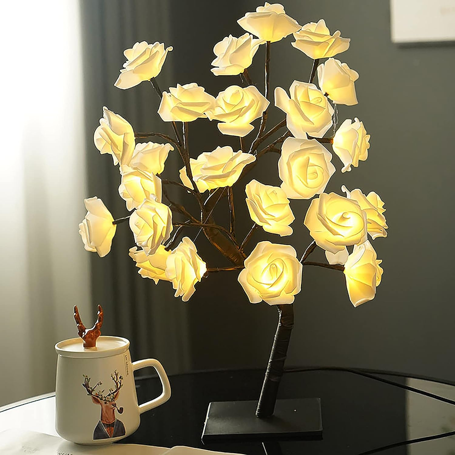 Rose Tree Lamp,Flower Lamp Tabletop Bonsai Tree Light,Fairy Tree Light Lamp,Rose Flower Tree Lamp with 24 Warm White LED Lights,Usb Powered for Mom Girls Home Bedroom Decor (Pink) image number 1