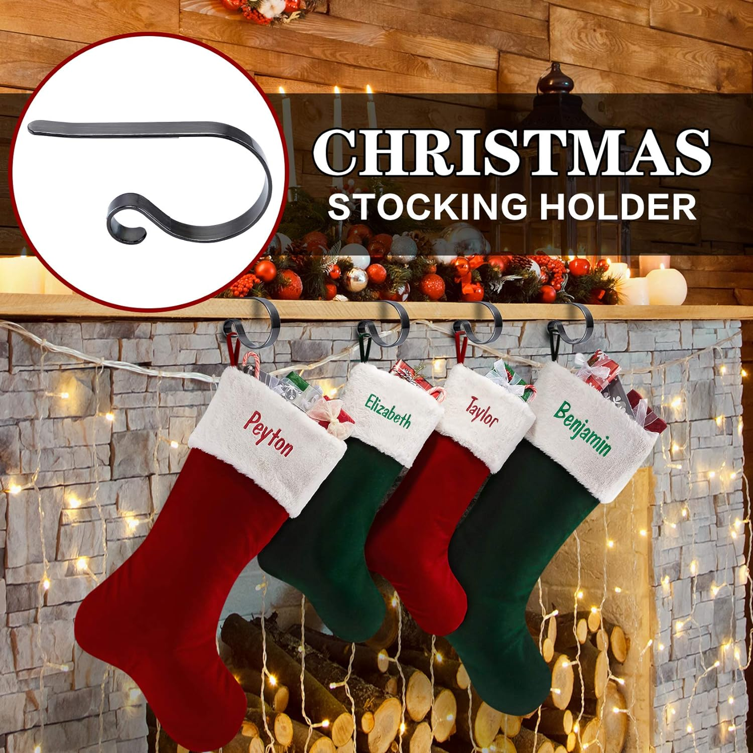 Christmas Stocking Holders for Mantle Set 4,Protective Pads Christmas Stocking Holders for Fireplace Mantle,Multi-Uses Stocking Hooks for Mantle,Mantel Stocking Holders Clip for Xmas Party Decoration