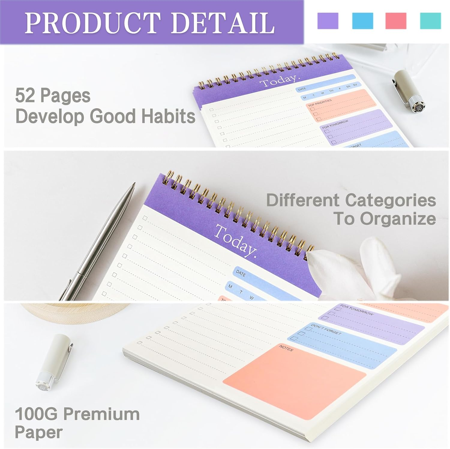 Ztowoto Daily Planner for Productivity52 Days Spiral to Do List Notebook，Undated Student Daily Planner 6.8 * 9.7Inch ，To Do List for Planning,Daily Goals,To Do List Pad(Purple) image number 2