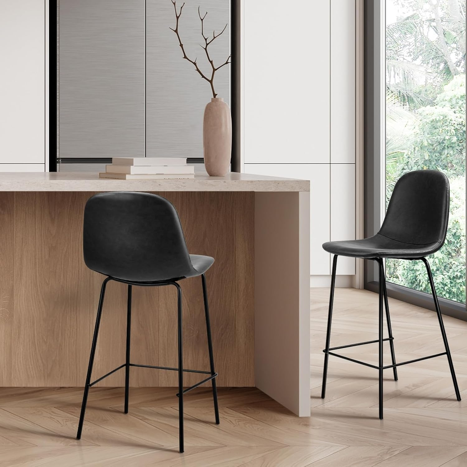 Oikiture 2PCS Bar Stools 62Cm Seat Height, Bar Stools Set of 2 with Premium Faux Leather Backrest Counter Kitchen Chairs Dining Chair, Black image number 4