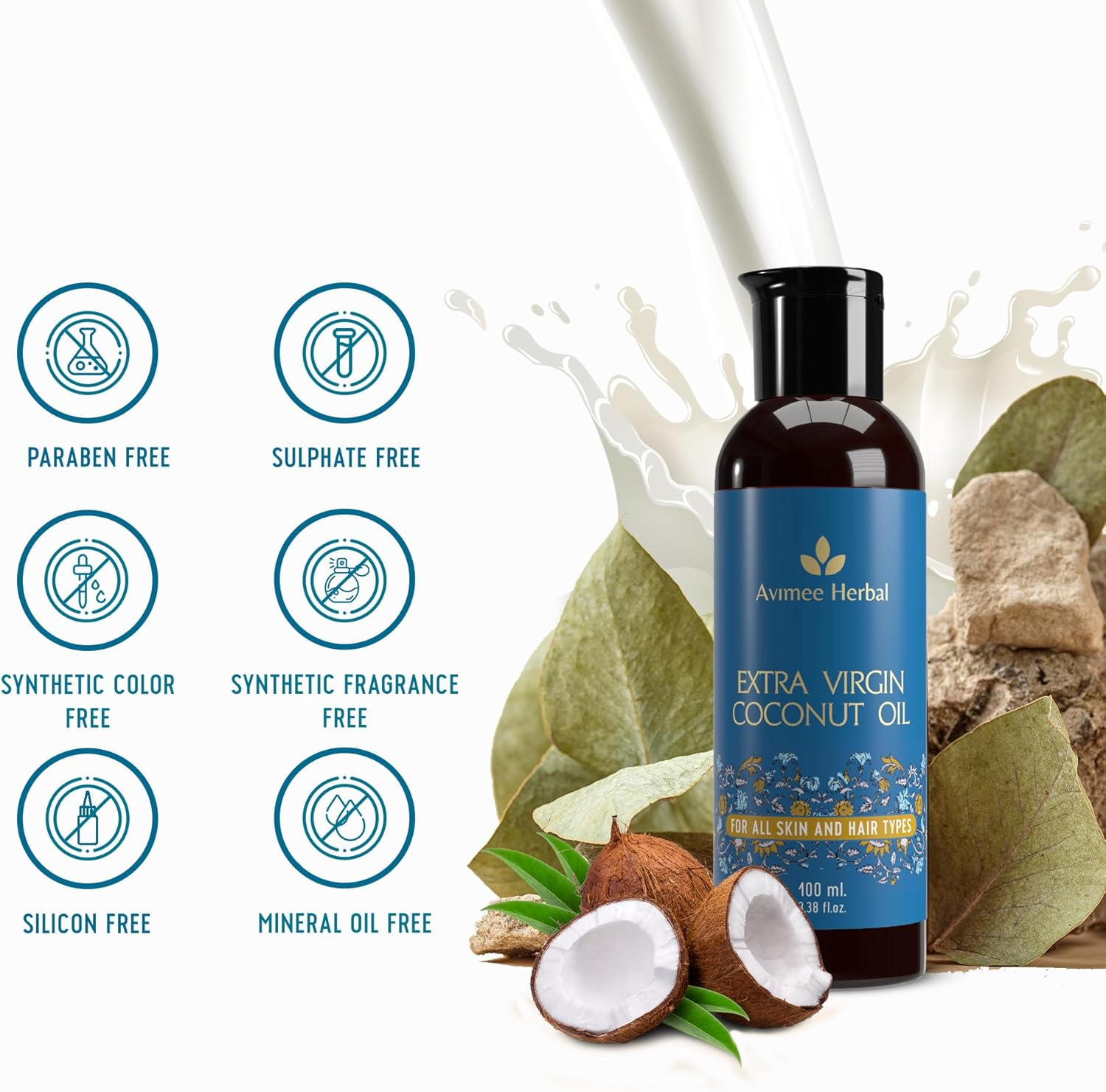 AVIMEE Herbalcold Pressed Extra Virgin Coconut Oil | for Deeply Moisturized Skin & Hair | Enriched with Vitamin E | Mineral Oil Free | 100 Ml image number 3