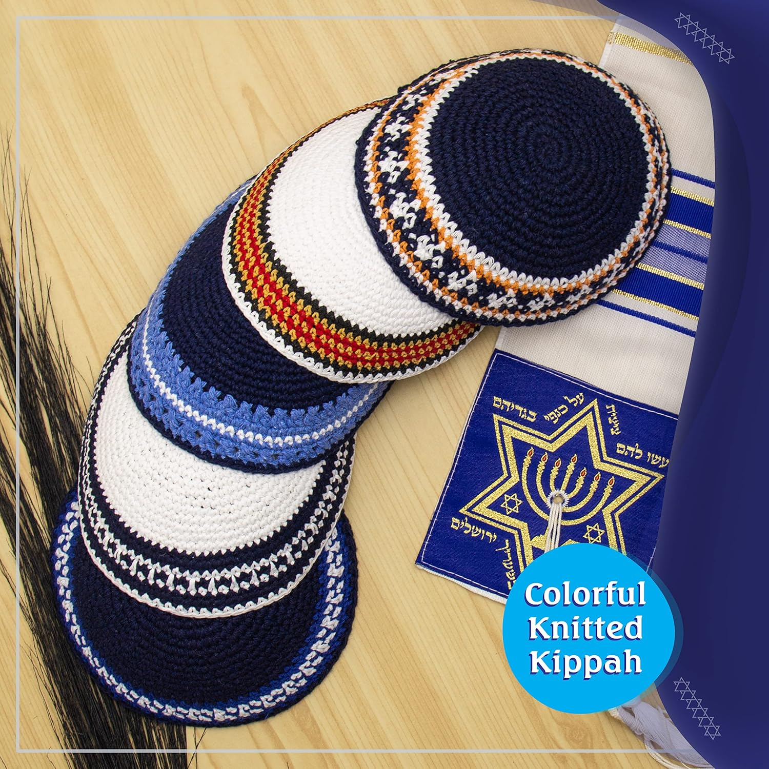 Holyudaica Pack of 5-Pcs Hq 20Cm Satin/Velvet Kippah with Silver/Gold String+Star of David for Men & Boys, Israel Kippot Bulk image number 1