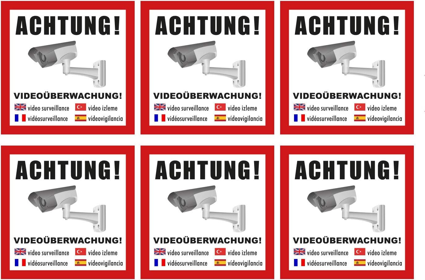 Premium Sticker Set Warning Video Surveillance Alarm Security Alarm System Multilingual Note Weather and UV Resistant Pack of 6