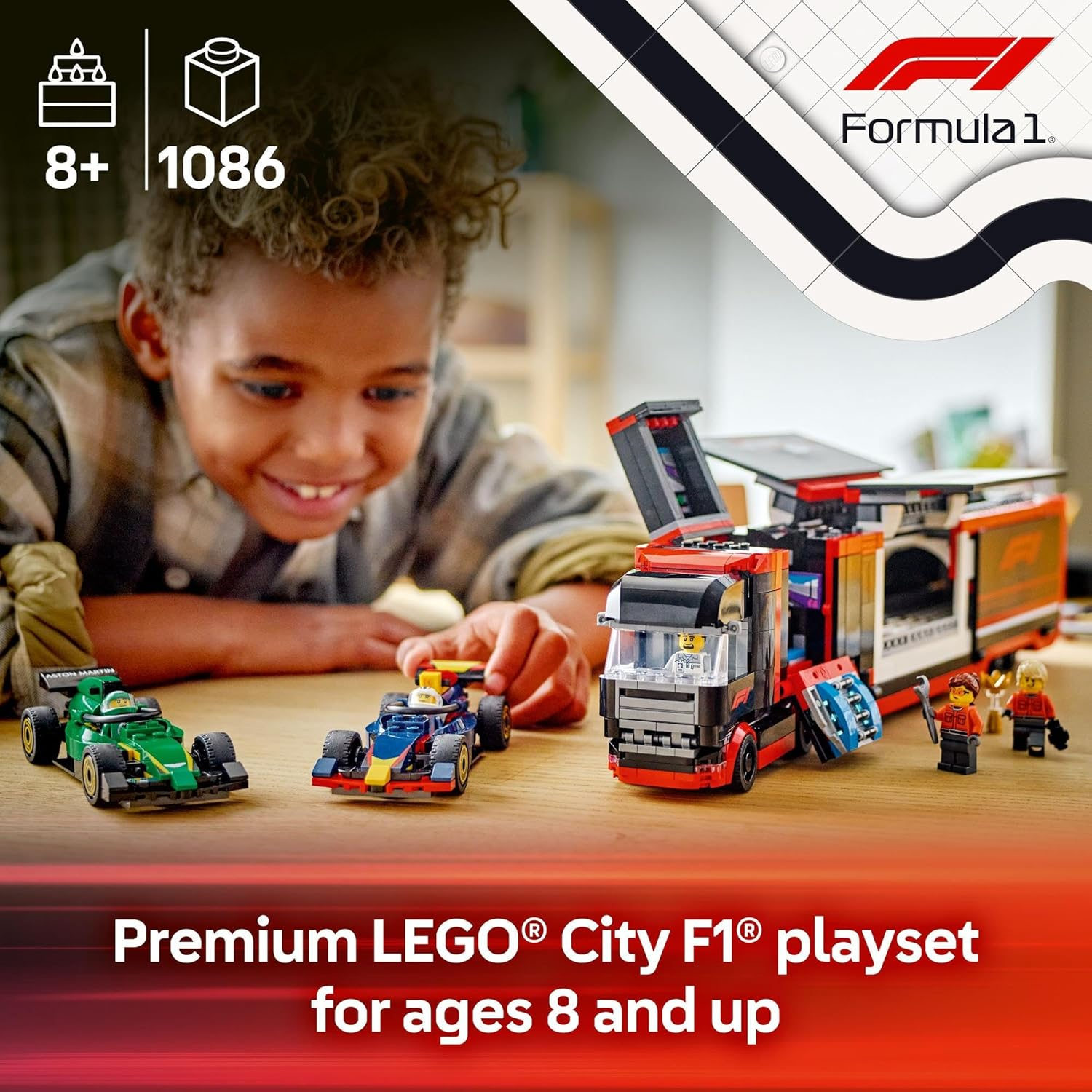 LEGO City F1 Truck with RB20 & AMR24 F1 Cars, Kids Toy for 8+ Year Old Boys & Girls, Formula 1 Toy with Aston Martin and Red Bull Racing Car, Construction Kit with Transporter and 5 Minifigures 60445