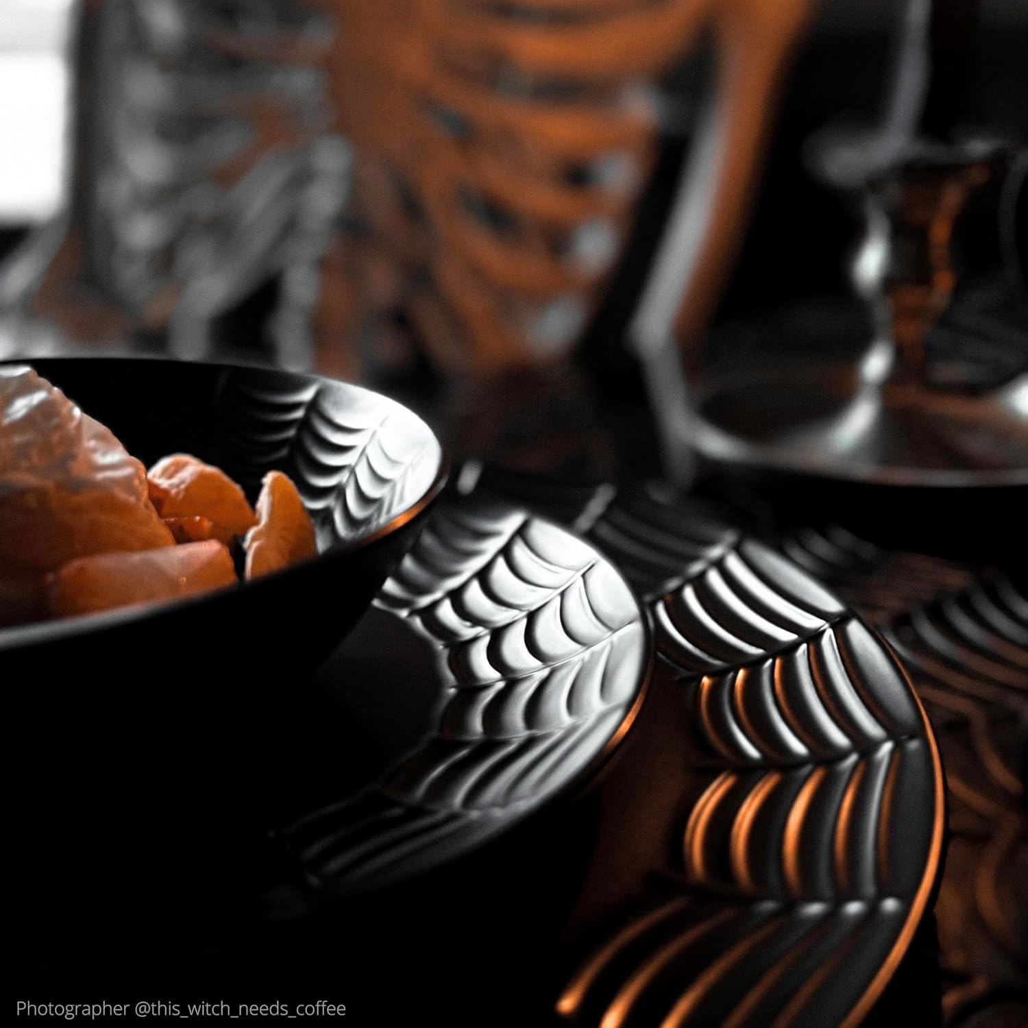 Nomnu Spiderweb Dinnerware Set (16 Pieces) - Gothic Kitchen Decor - Black Matte Porcelain Gothic Dinnerware Set: 4 Dinner Plates 4 Salad Plates 4 Bowls 4 Mugs - Spiderweb Decor Halloween Spooky Gifts image number 3