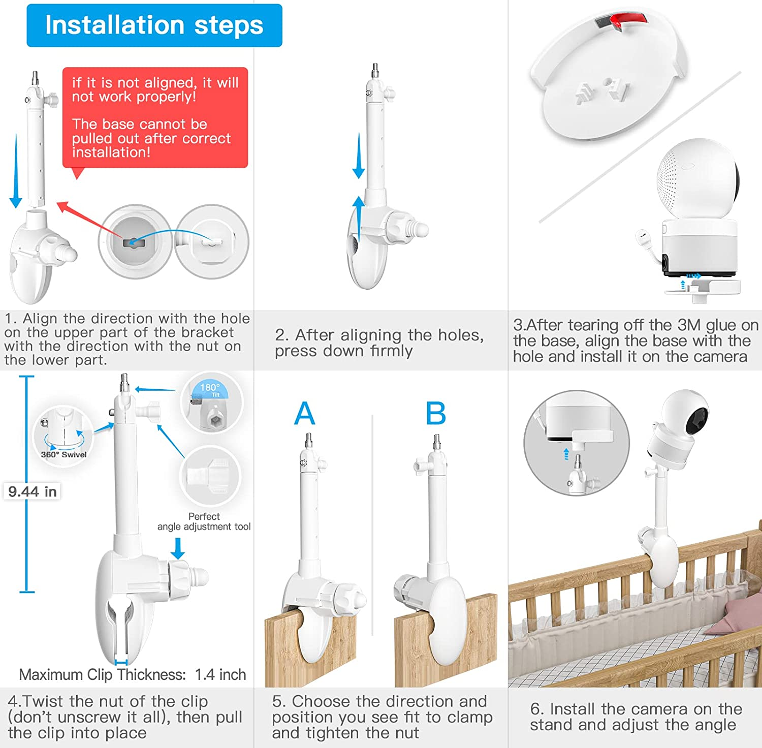 HOLACA Baby Monitor Mount for Vtech VM5463/RM5764HD/RM5864HD/RM7764HD/BM3800/BM4700/BM5600/BM5700 Baby Monitor Universal Crib Bracket Holder image number 1