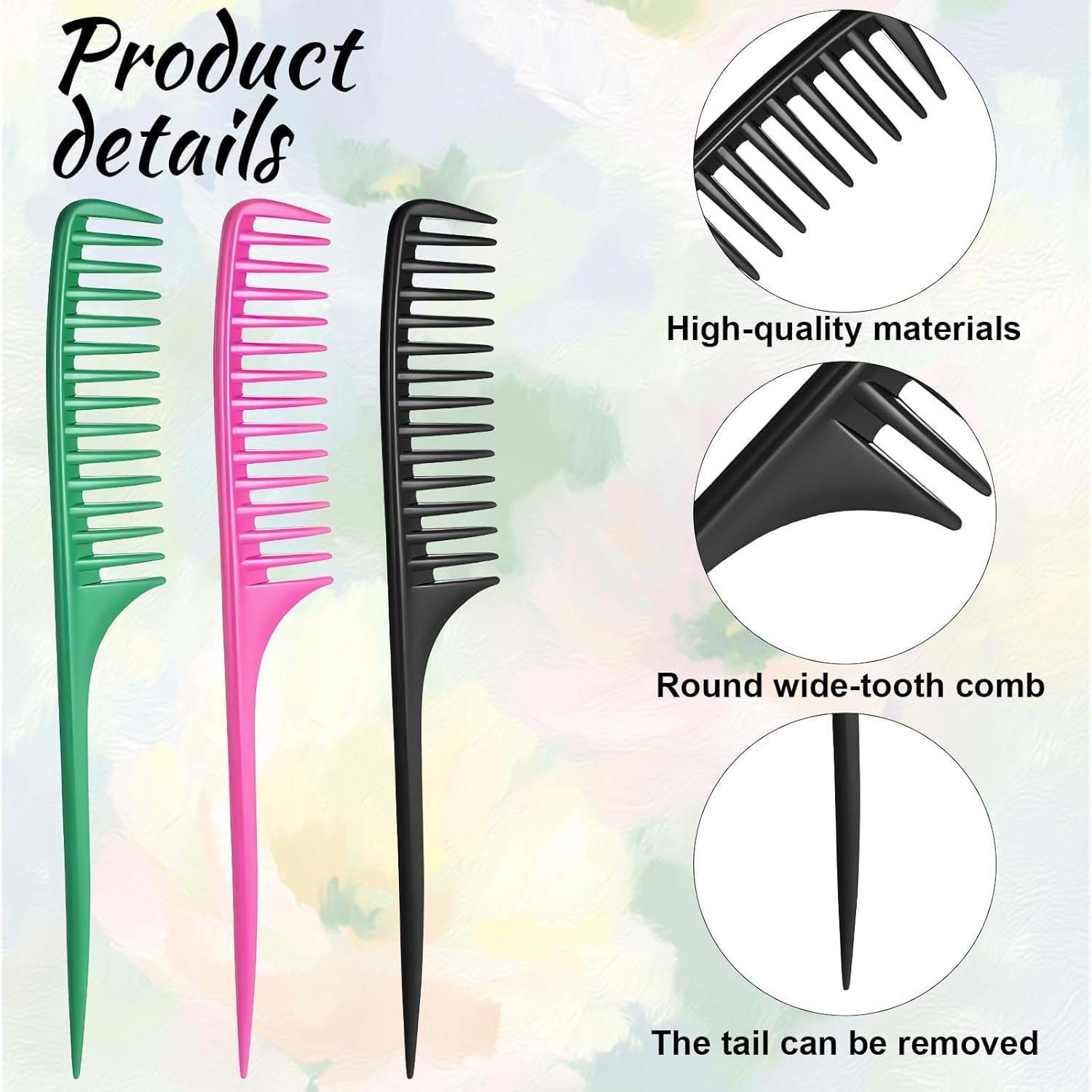 Wide Tooth Rat Tail Comb Set for Sectioning Styling Heat Resistant and Anti-Static Hair Detangling Combs for All Hair Types 3 Pcs image number 2