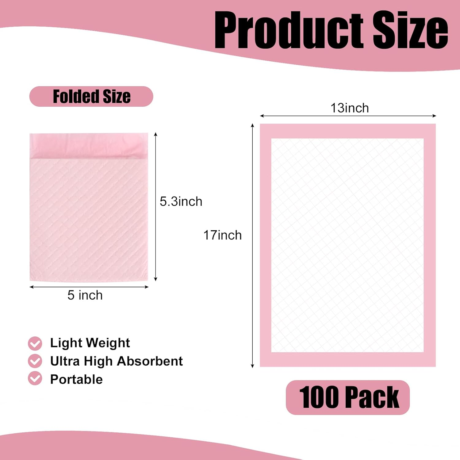 Cptoion 100 Pack Disposable Changing Pads,17 X 13 in Baby Disposable Underpads,Ultra Absorbent Disposable ,Waterproof Diaper Changing Pad,Leakproof Breathable Underpads Bed Table Protector Mat - Pink image number 3