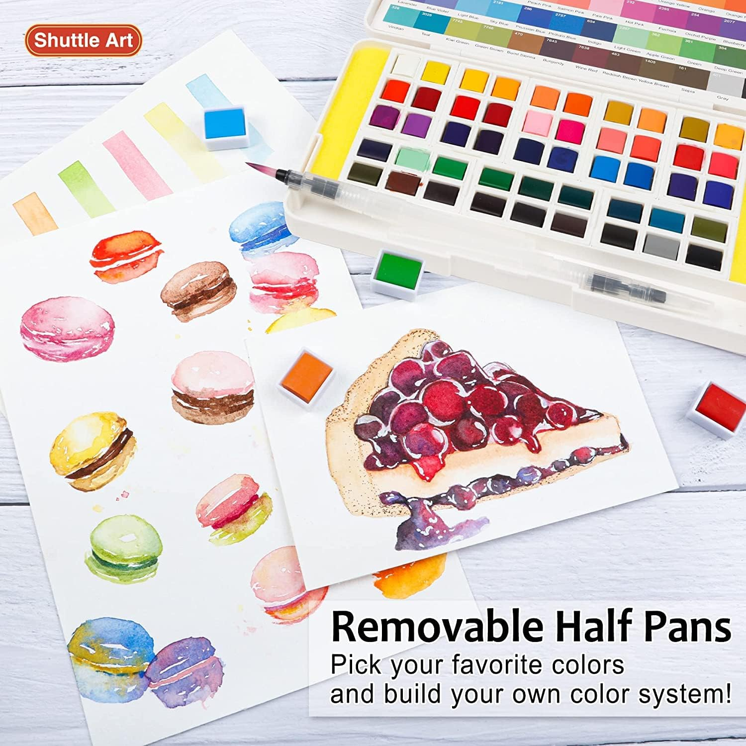 Shuttle Art Watercolour Paint Set, 48 Colours Watercolour Paint in Half Pans with 2 Water Brush Pens, 10 Paint Brushes, 1 Watercolour Pad, 1 Palette, 2 Colour Charts, Watercolour Kit for Kids Adults image number 5