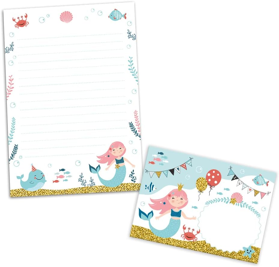 Writing Paper Set Letter Pad with Envelope for Girls Kids Mermaid Children Motif Letter Paper Pad Lined (A5 Pad with 25 Sheets + 15 Envelopes) image number 4