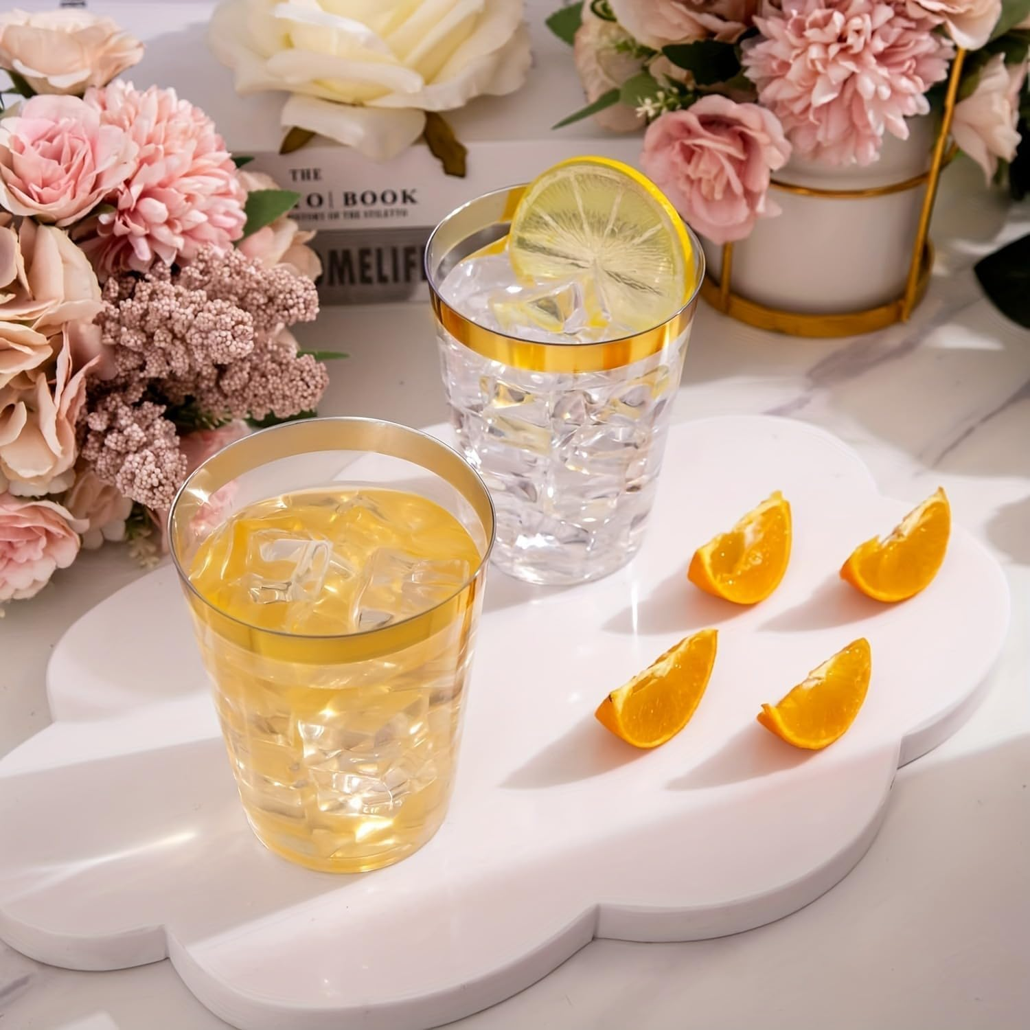 Pack of 50 10 OZ 300 Ml Reusable Plastic Cups with Gold/Silver/Rose Gold Rim Gold Glitter-Elegant Plastic Glasses for Champagne,Beer,Cocktails and Desserts-Stylish Plastic Wine Glasses (Glod) image number 5