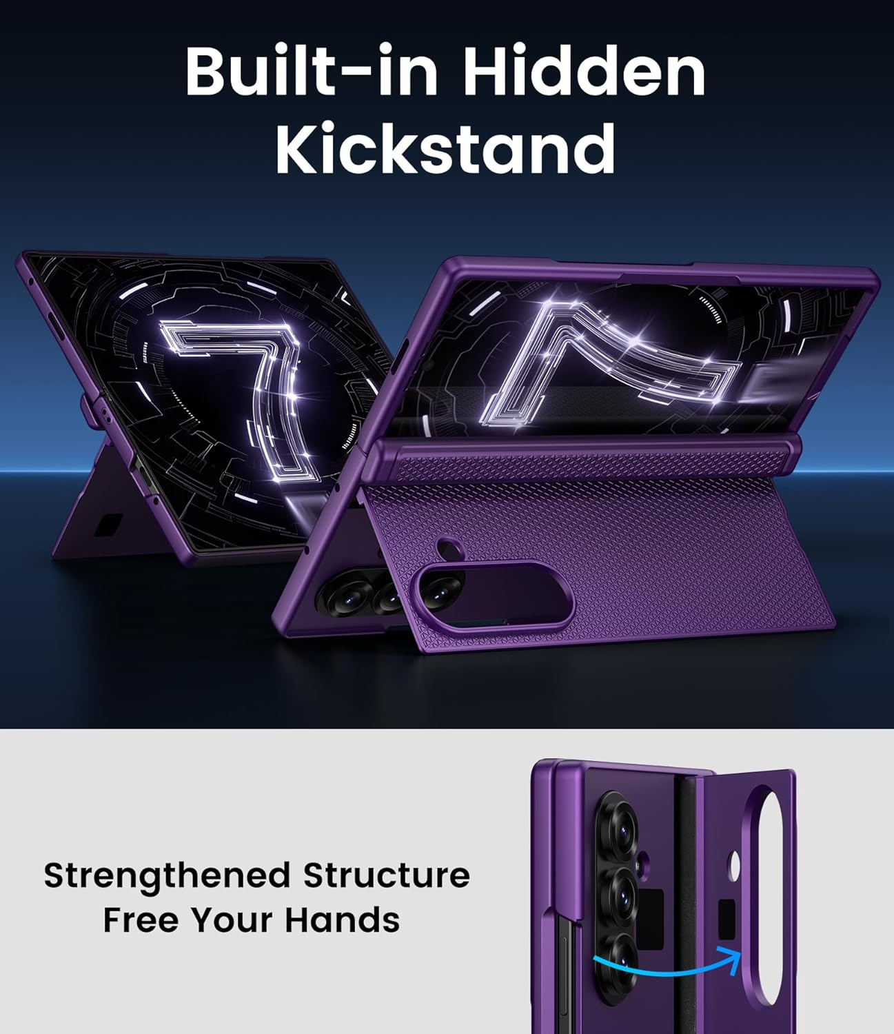 For Samsung Galaxy Z Fold 7 Slim Case with Stand, Glass Screen Protector, Full Hinge Protection, Thin & Rugged, Shockproof Protective Phone Case Cover for Samsung Galaxy Z Fold7 2025, Purple image number 4