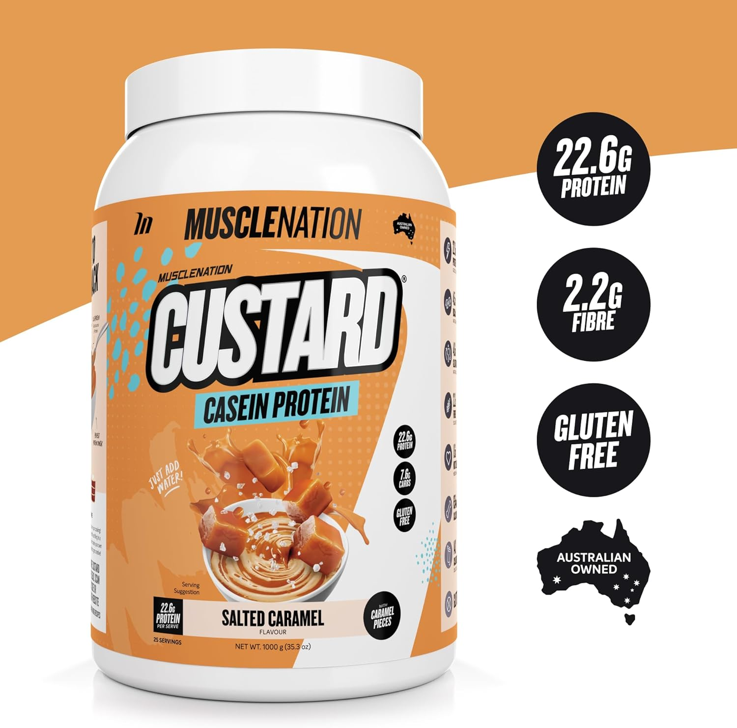 Muscle Nation Salted Caramel Custard Casein Protein Powder &ndash; Supports Muscle Recovery, High Protein, Low Carb, Vegetarian Supplement 1Kg (25 Serves) image number 2