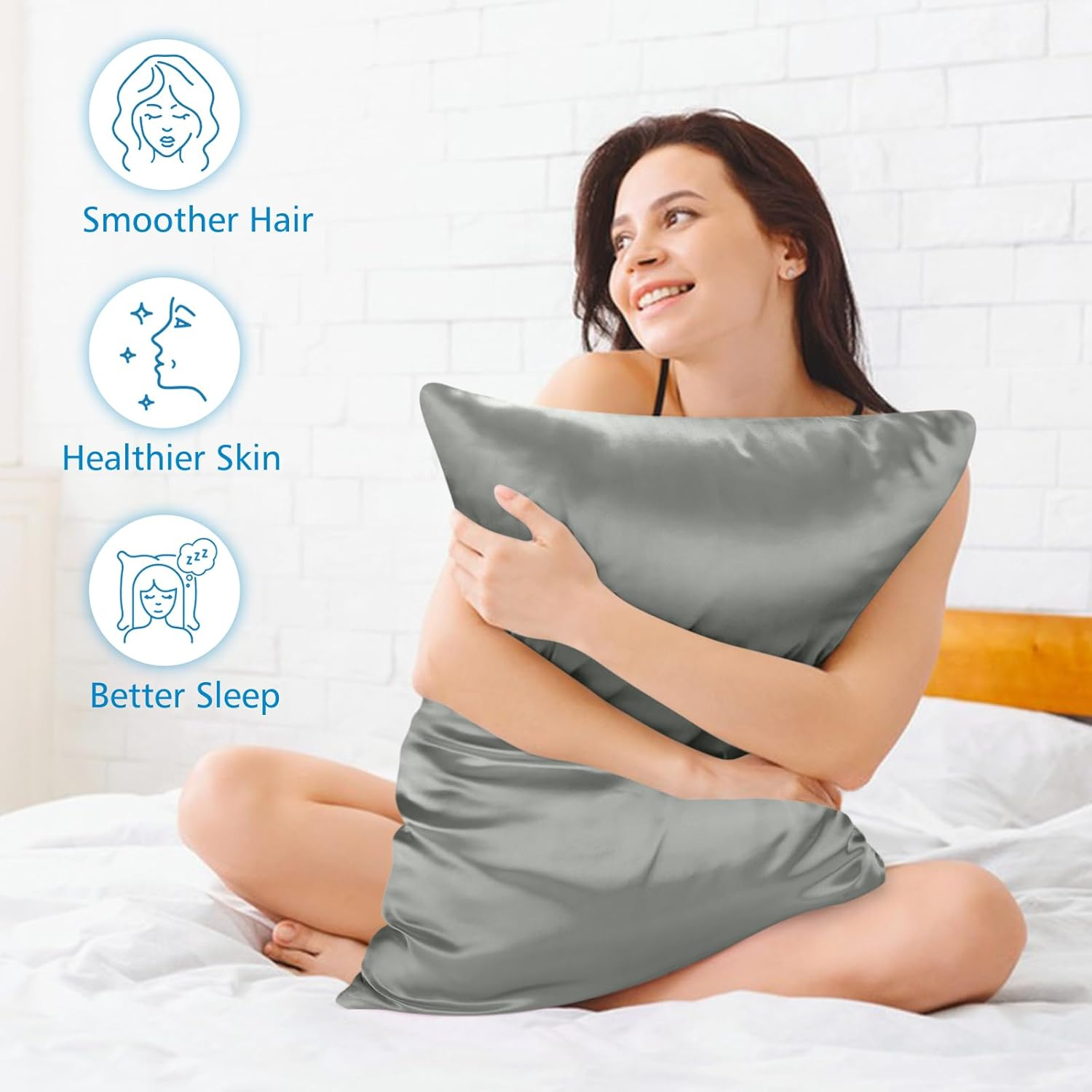 2 Pack Pillowcases, Silk Pillowcase for Women Men 51X76Cm Soft Comfortable Breathable Smooth Cooling Pillow Covers for Sleeping (Silver Gray) - Black image number 7