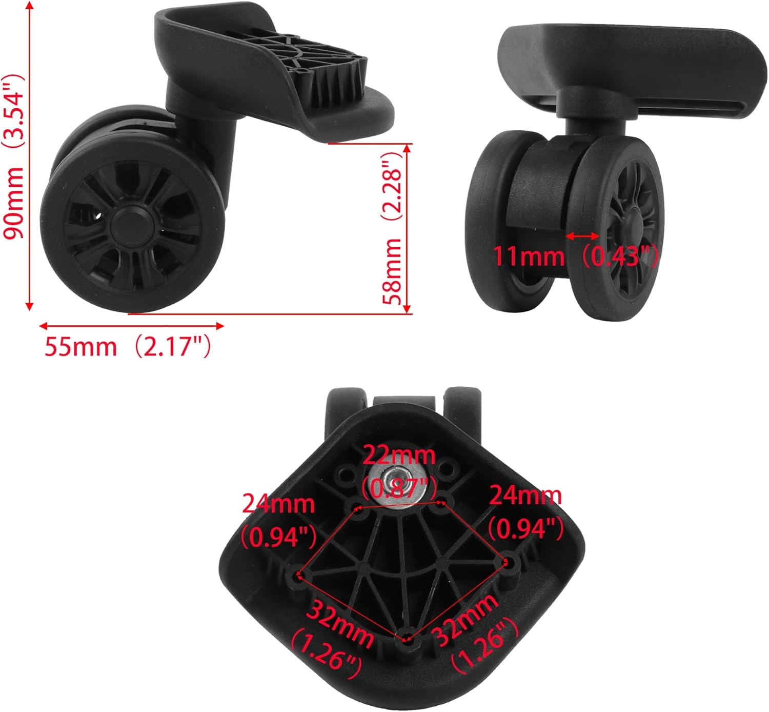 RDEXP 55Mm Dia Swivel Wheels Travel Luggage Replacement W311 Wheels Pack of 2, Black image number 4
