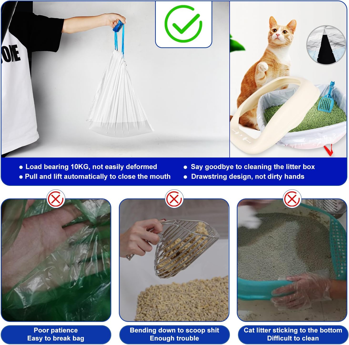 LUFEIS Pack of 75 Bin Bags, Bin Bags with Carry Handle, Self-Cleaning Cat Litter Box, Cat Litter Box Bags, Self-Cleaning Cat Litter Box with Drawstrings, Liquid-Proof, Durable, 5 Rolls image number 1