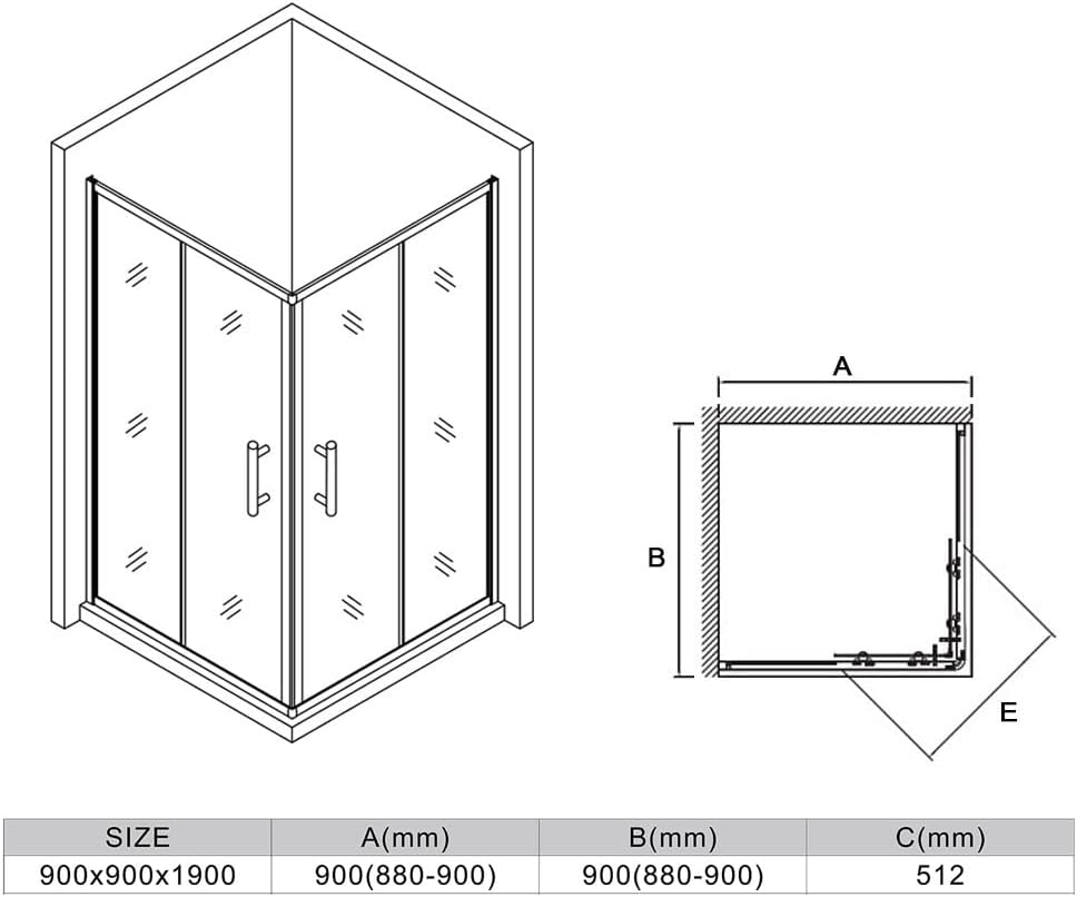 ELEGANT Shower Enclosure Corner Black, Sliding Door Bathroom Screen 900X900Mm with 5Mm Tempered Glass, Single-Sided Aluminium, 1900Mm Height, No Shower Base image number 4