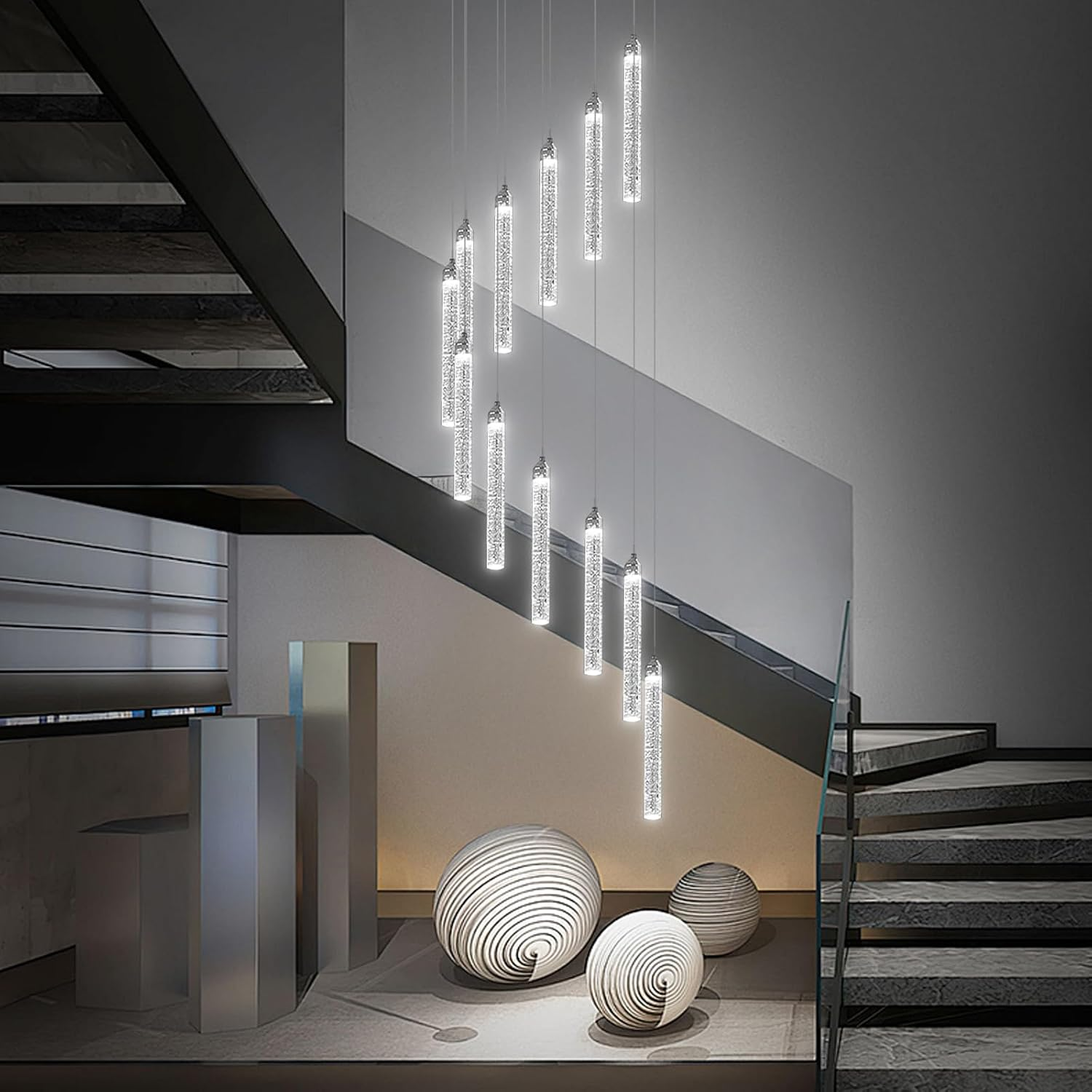 USOR 12-Light High Ceiling Chandeliers LED Modern Silver Crystal Chandelier for Staircase Entryway 3 Colors Dimmable Spiral Large Pendant Light for Luxury Chandelier Living Room Hallway Foyer Lobby image number 2