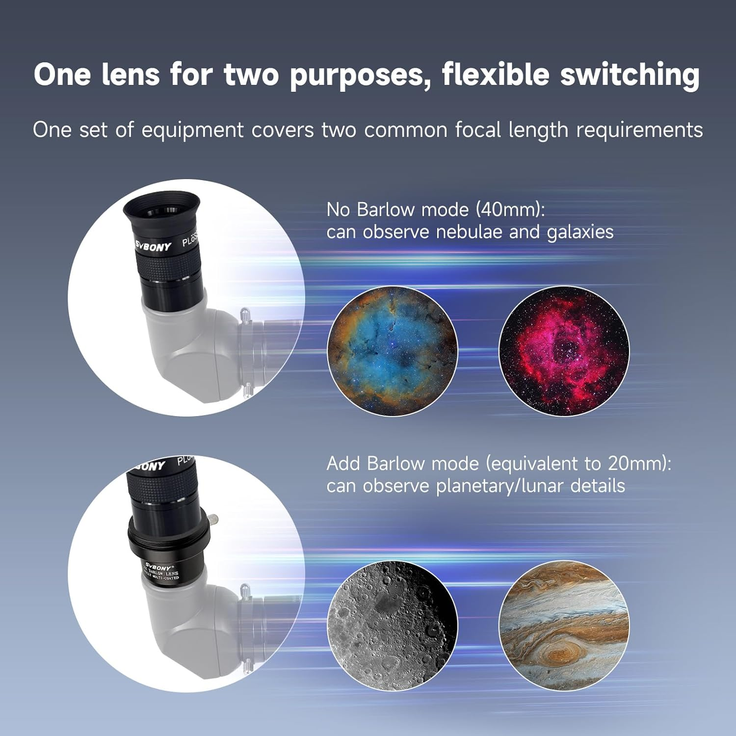 SVBONY 40Mm 1.25 Inches Plossl Telescope Eyepiece 40 Degree, and 2X Barlow Lens, 1.25 Inch Barlow Lens, Multi Coated Broadband Green Film, Telescope Accessories with M42 Thread for Telescope Eyepiece image number 6