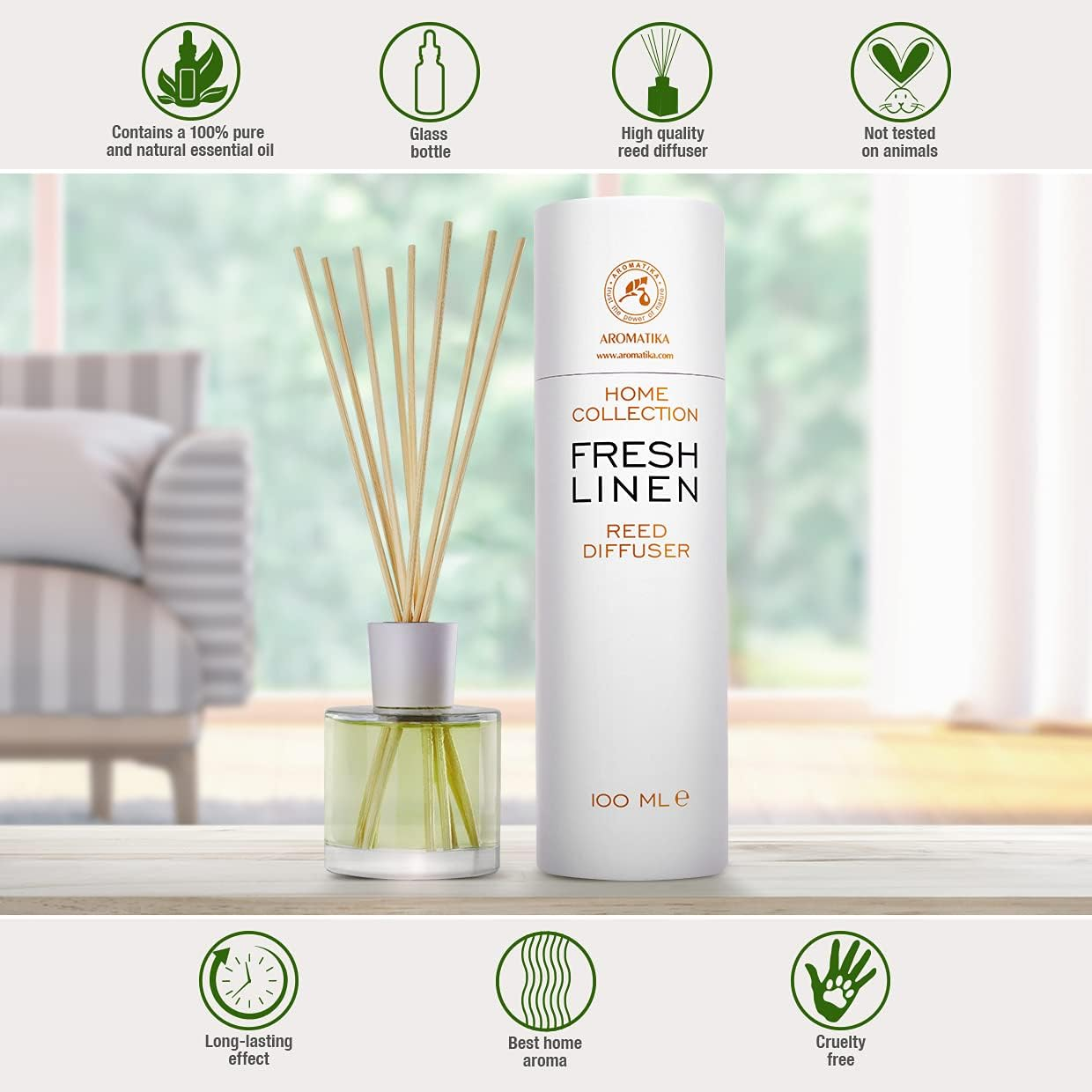 Fresh Linen Reed Diffuser - 100Ml W/Rattan Sticks - Home Fragrance - Scented Diffusers for Aromatherapy - Perfect as a Gift - Enhancing Any Room with a Refreshing, Soothing and Pleasant Scent image number 6