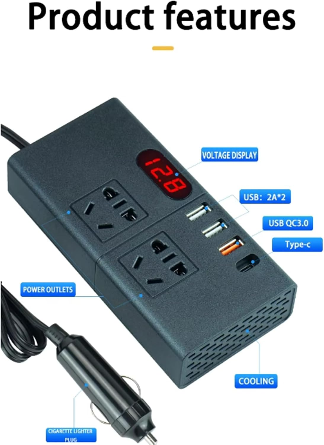 300W Car Power Inverter,Dc12V/24V Conversion Ac220V Power Converter USB Car Socket Charging Adapter Car Plug Converter with Switch and Current LED Screen,Suitable for SUV Car Truck image number 3